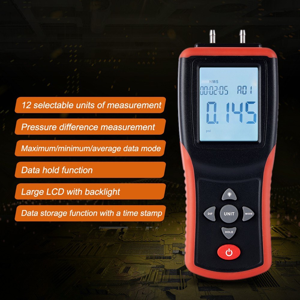 High-Precision Digital Manometer 2.4 LCD | Dual-Port ±2Psi Air Pressure Gauge with 12 Units