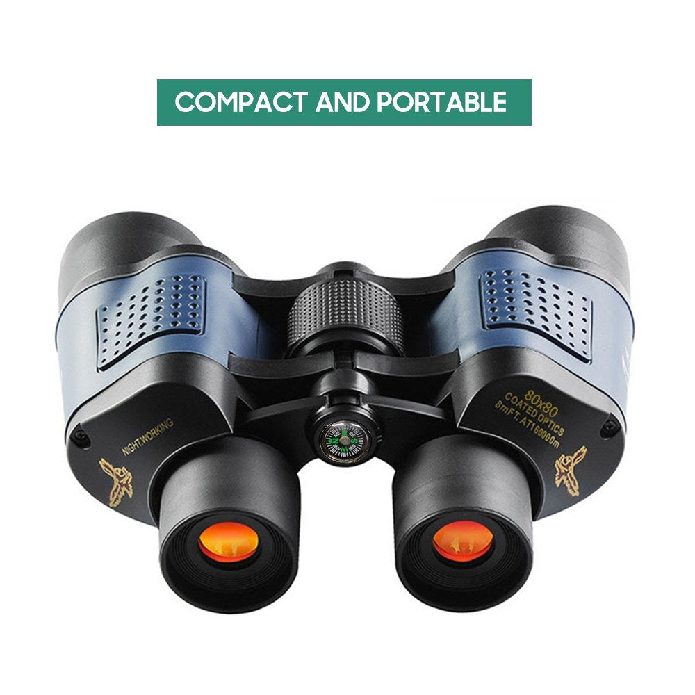 80x80 BAK4 Prism Waterproof Binoculars with Compass & Lanyard - Low Light Night Vision for Bird Watching & Concerts