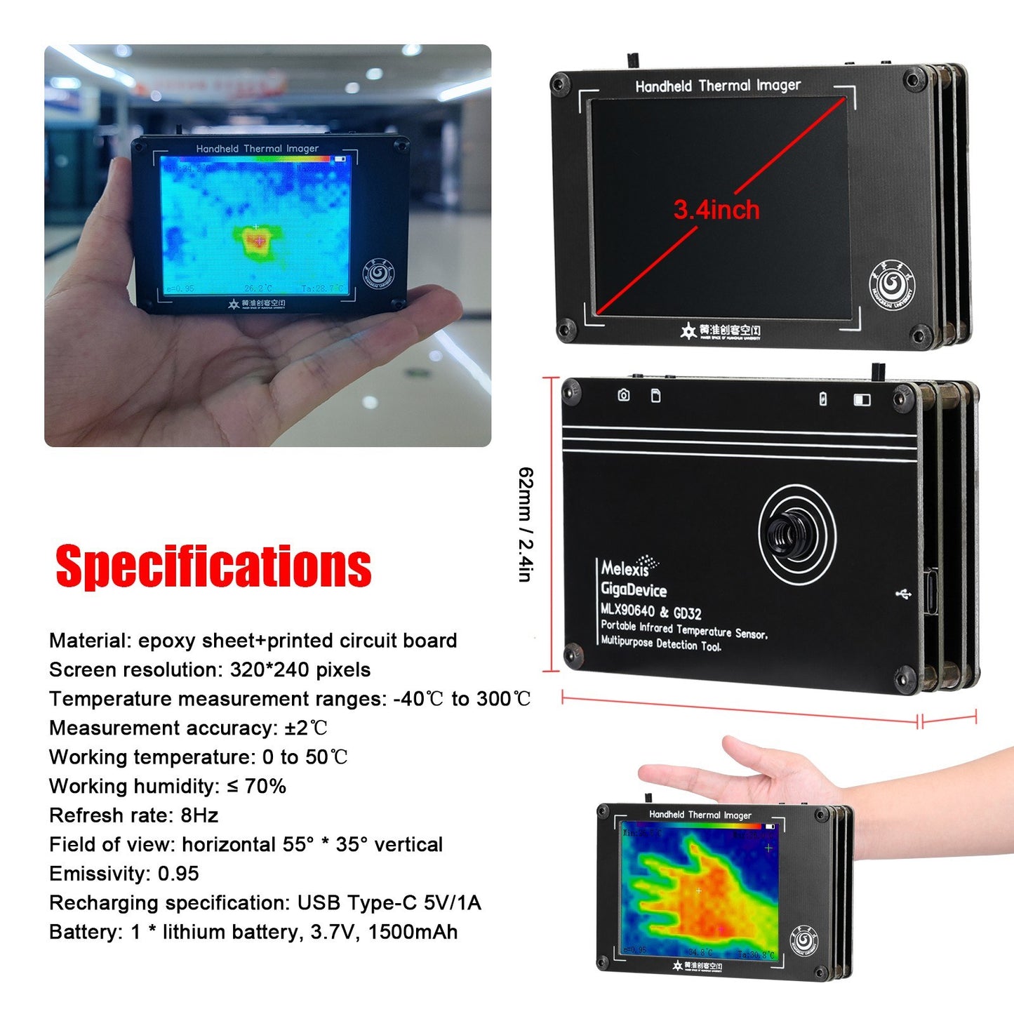 Portable Infrared Thermal Imaging Camera -40~300℃, 3.4 Inch LCD Display, Handheld Digital Thermal Imager with Temperature Sensors