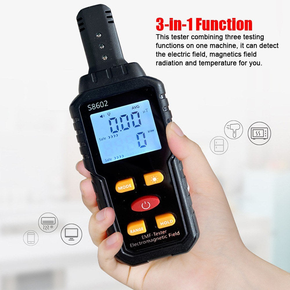3-in-1 Digital Radiation Dosimeter: Electric & Magnetic Field, Temperature Detector with Sound & Light Alarm, LCD Backlit Display