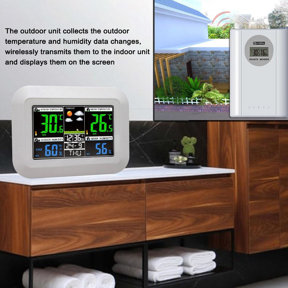 Color Digital Weather Station Clock with Indoor/Outdoor Temperature, Hygrometer, and Forecast
