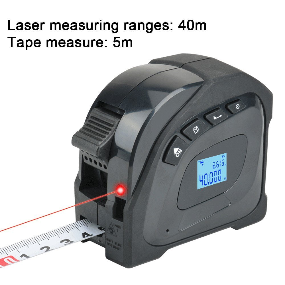 2in1 Laser Rangefinder & 5m Tape Measure with LCD Backlit Display - Building Measurement & Surveying Tool