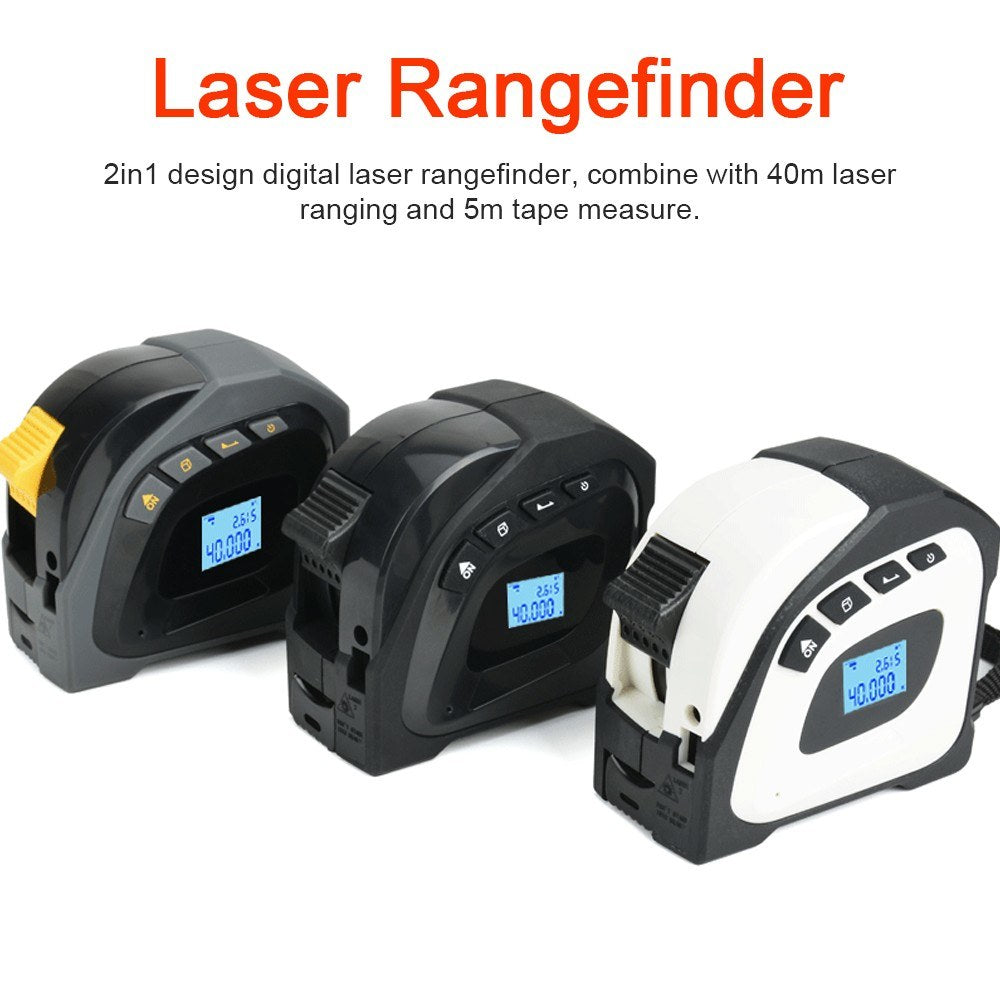 2in1 Laser Rangefinder & 5m Tape Measure with LCD Backlit Display - Building Measurement & Surveying Tool