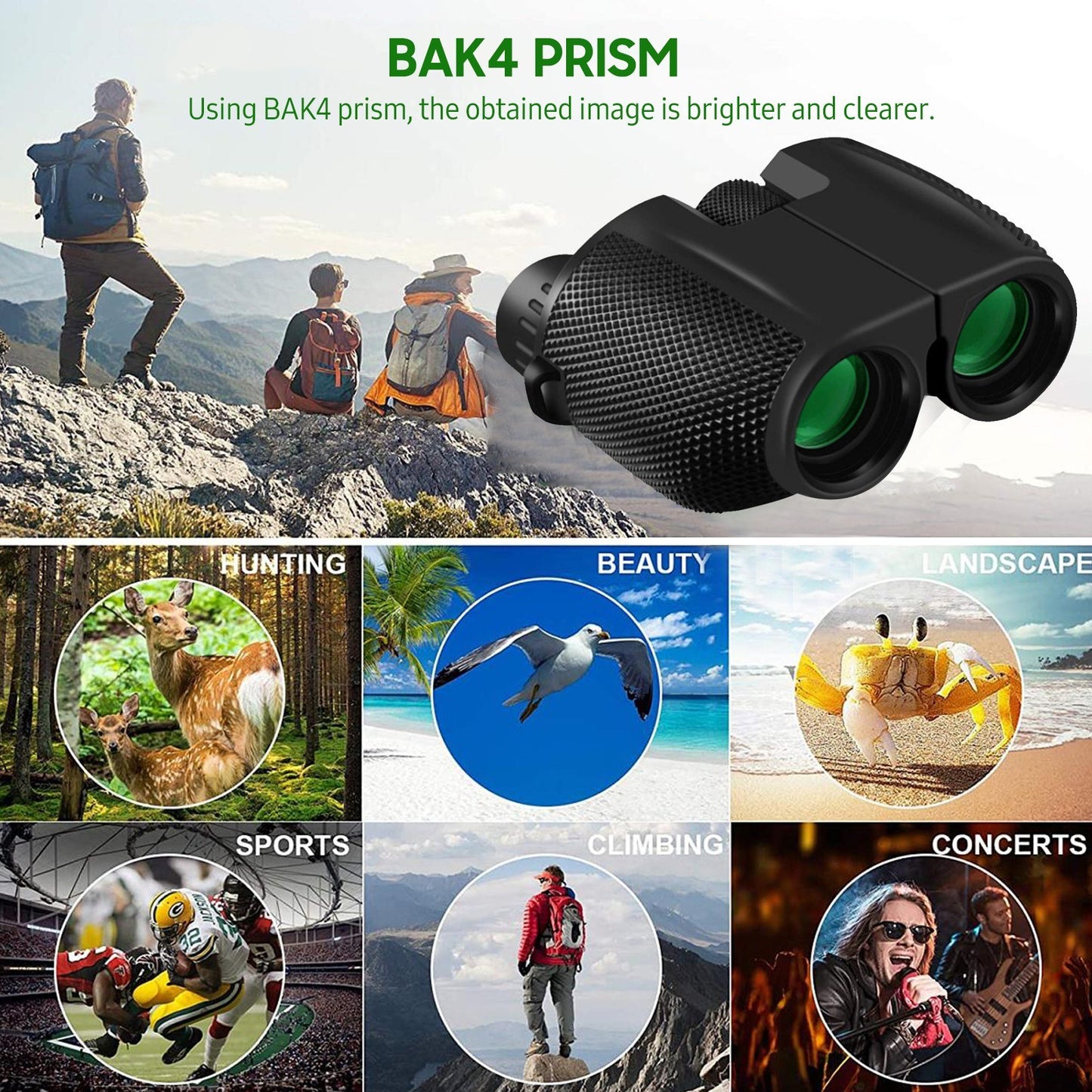 10x25 BAK4 Prism Waterproof Mini Binoculars for Adults & Kids, Ideal for Bird Watching, Travel, Concerts, Hiking with Low Light Night View
