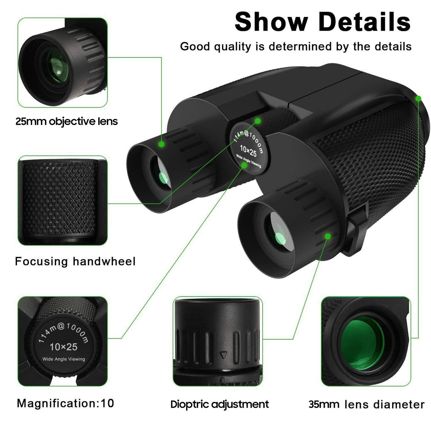 10x25 BAK4 Prism Waterproof Mini Binoculars for Adults & Kids, Ideal for Bird Watching, Travel, Concerts, Hiking with Low Light Night View