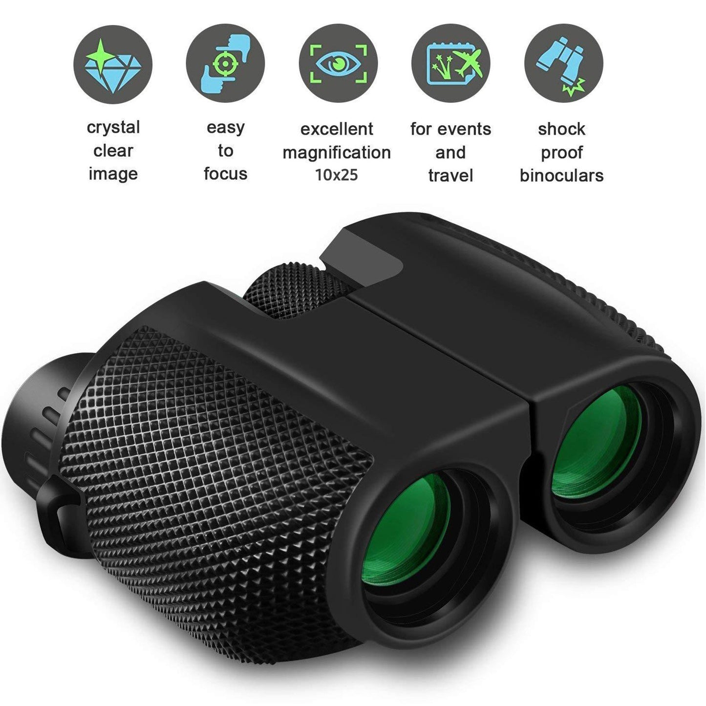 10x25 BAK4 Prism Waterproof Mini Binoculars for Adults & Kids, Ideal for Bird Watching, Travel, Concerts, Hiking with Low Light Night View