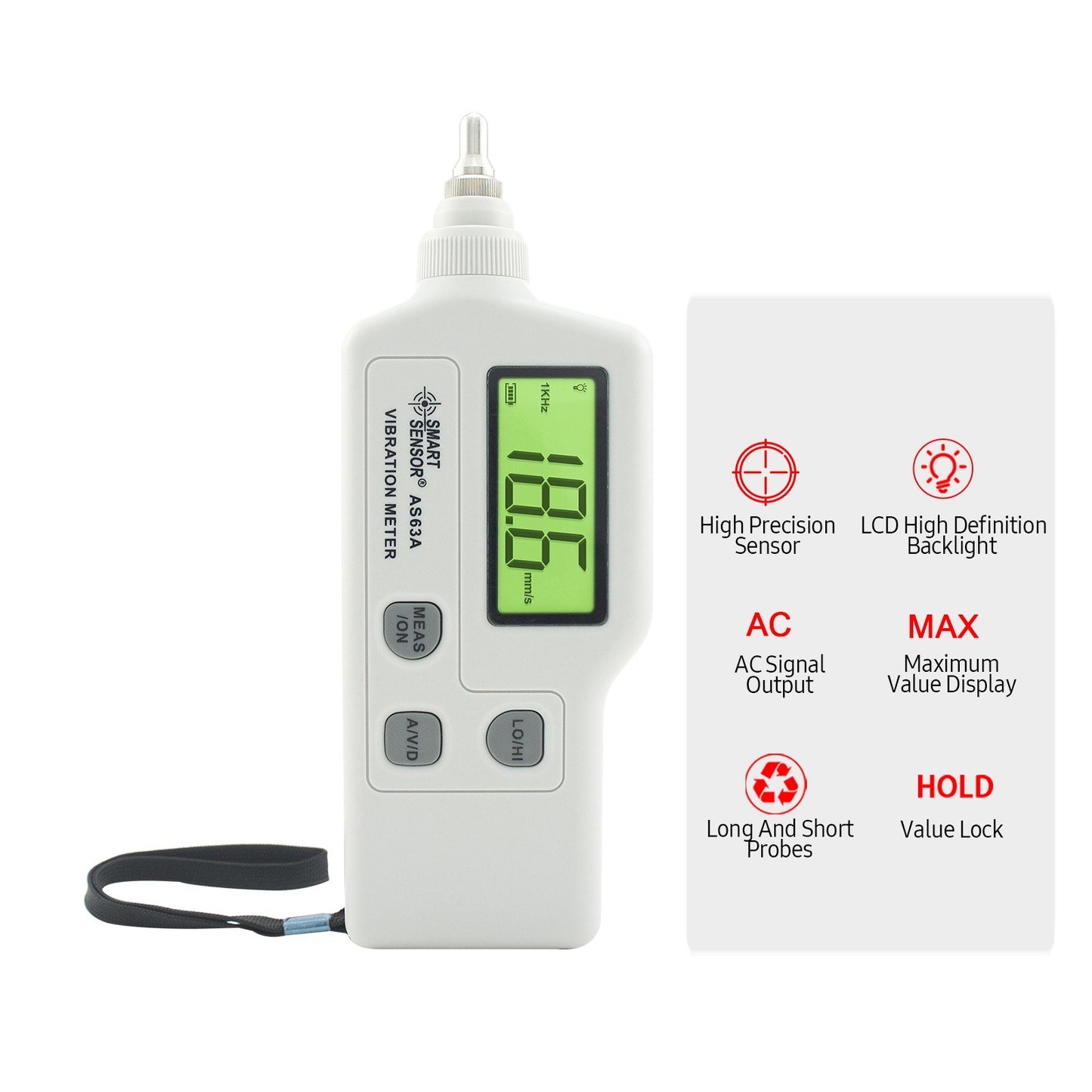 AS63A Digital Vibration Meter - LCD Screen Analyzer with AC Output for Acceleration, Velocity, Displacement Measurement