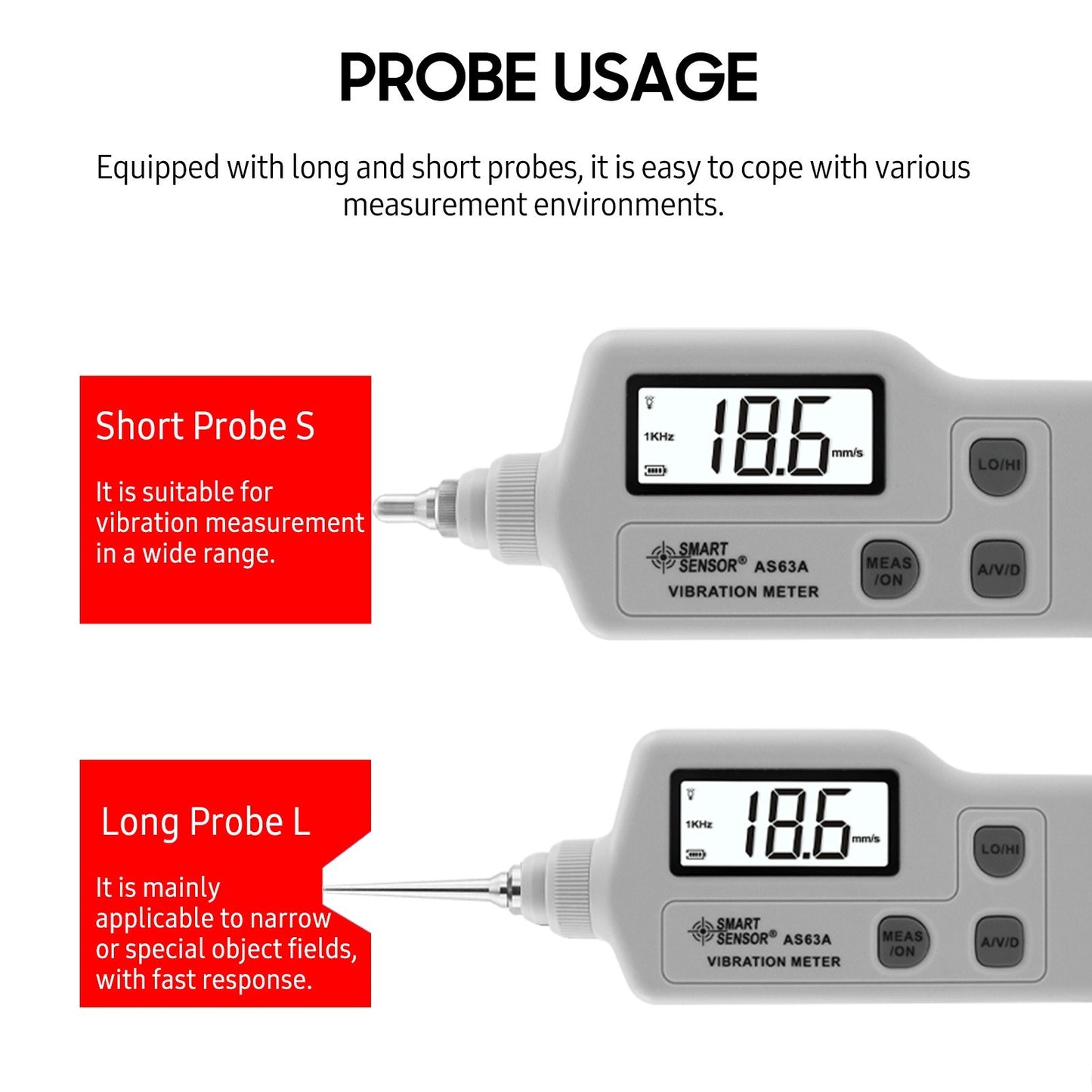 AS63A Digital Vibration Meter - LCD Screen Analyzer with AC Output for Acceleration, Velocity, Displacement Measurement