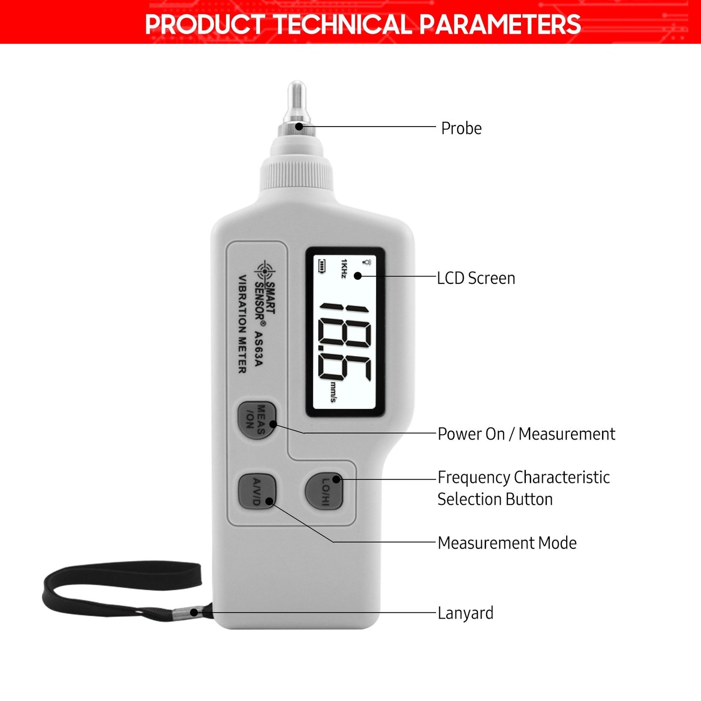 AS63A Digital Vibration Meter - LCD Screen Analyzer with AC Output for Acceleration, Velocity, Displacement Measurement