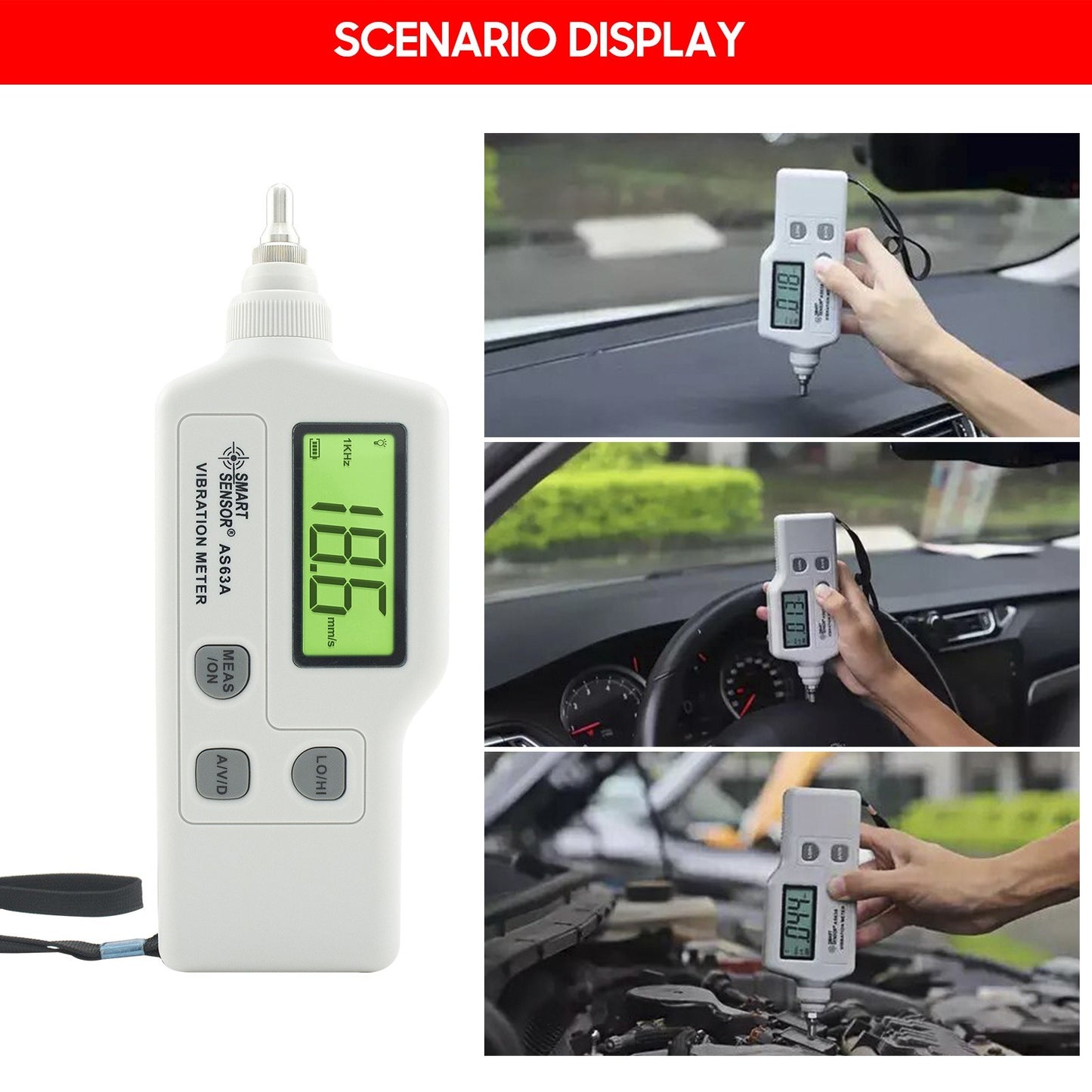 AS63A Digital Vibration Meter - LCD Screen Analyzer with AC Output for Acceleration, Velocity, Displacement Measurement