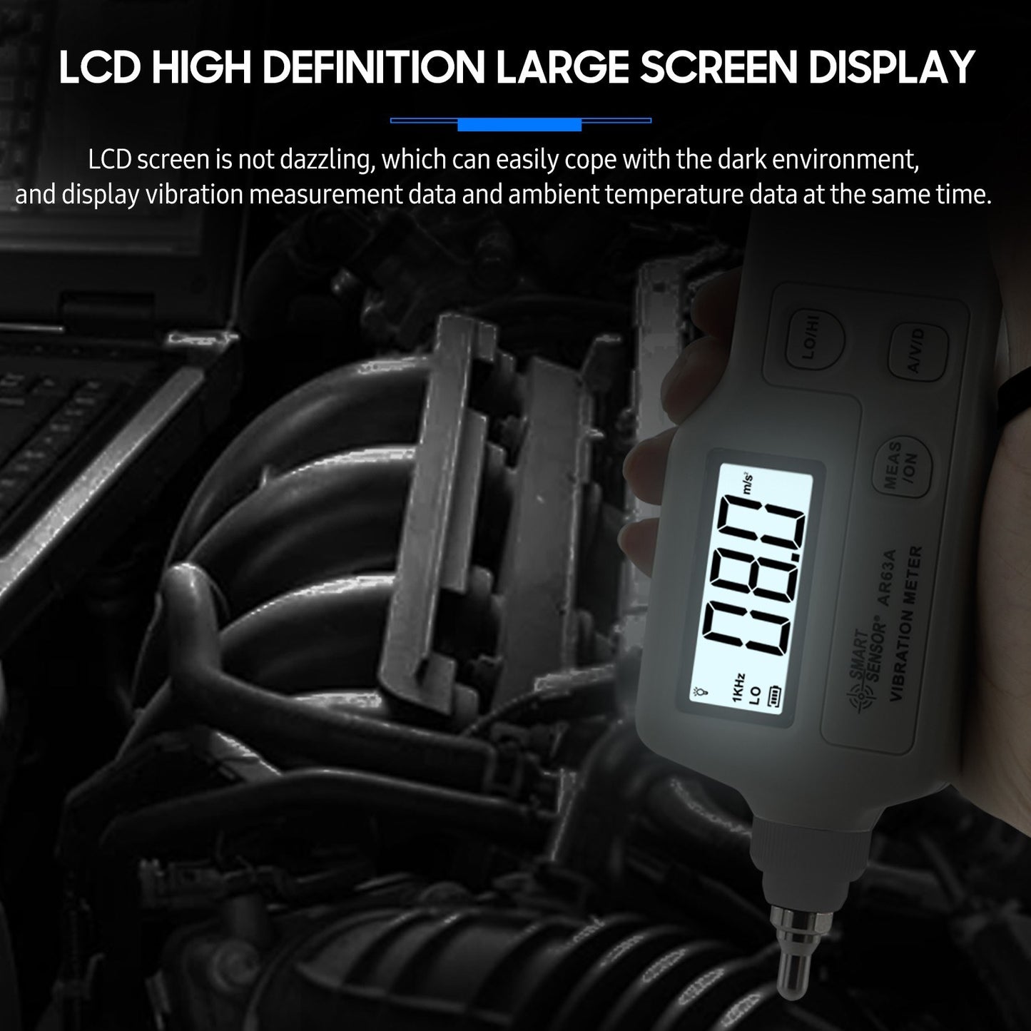 AS63A Digital Vibration Meter - LCD Screen Analyzer with AC Output for Acceleration, Velocity, Displacement Measurement