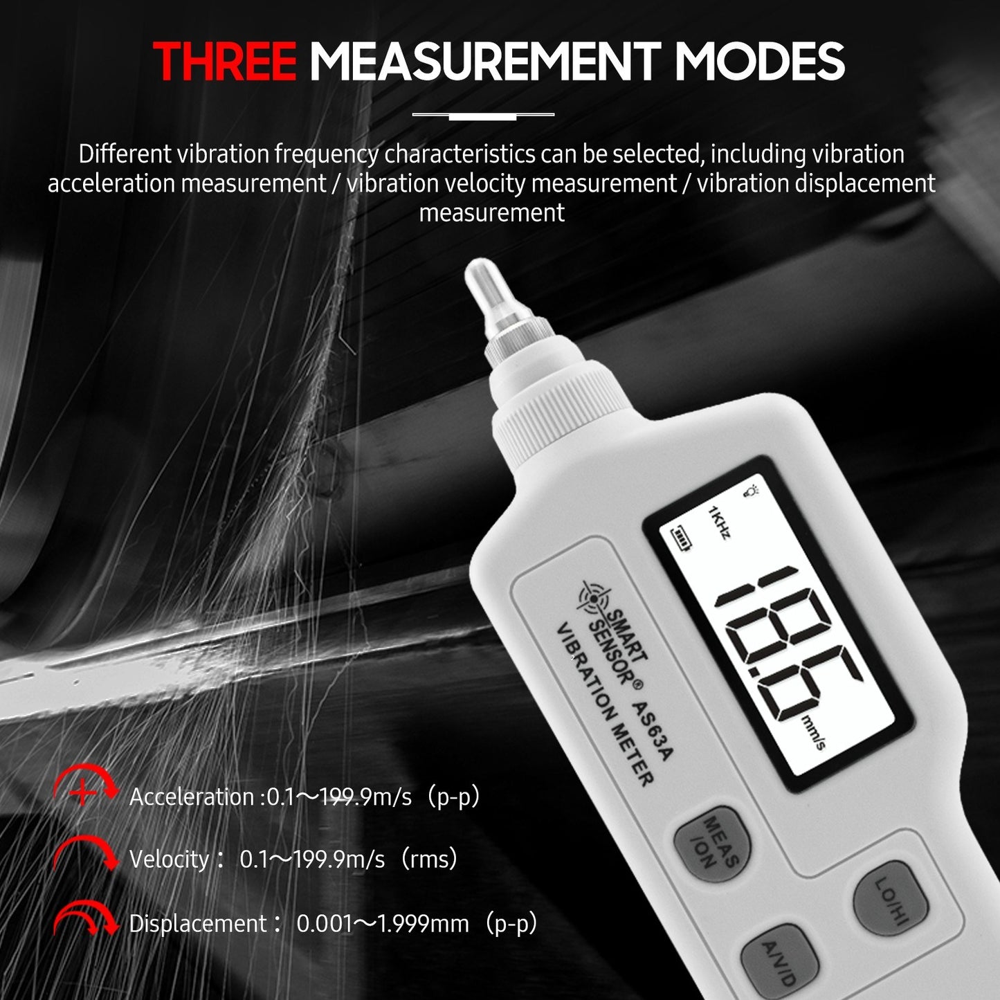 AS63A Digital Vibration Meter - LCD Screen Analyzer with AC Output for Acceleration, Velocity, Displacement Measurement