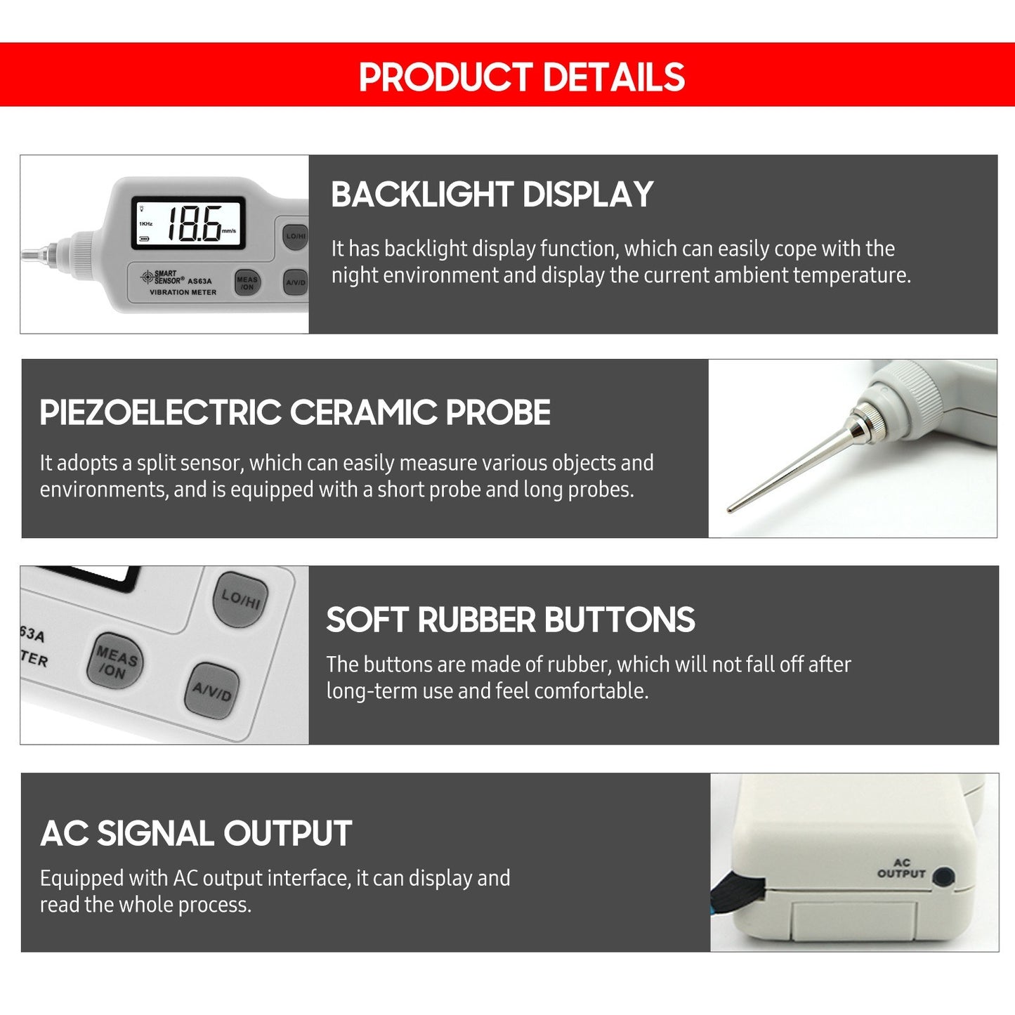 AS63A Digital Vibration Meter - LCD Screen Analyzer with AC Output for Acceleration, Velocity, Displacement Measurement