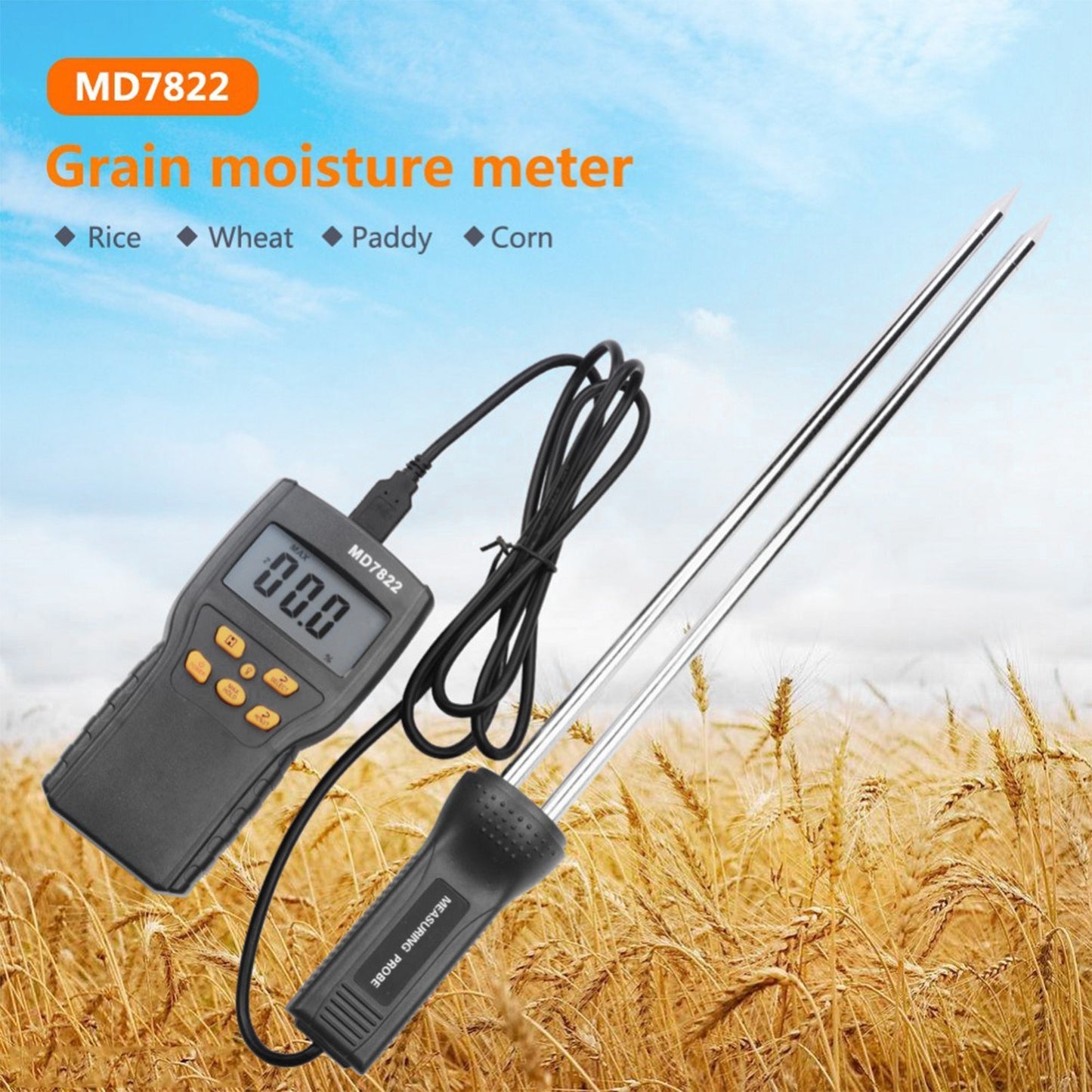 12-Inch Probe LCD Digital Grain Moisture Meter for Wheat, Paddy, Rice & Corn