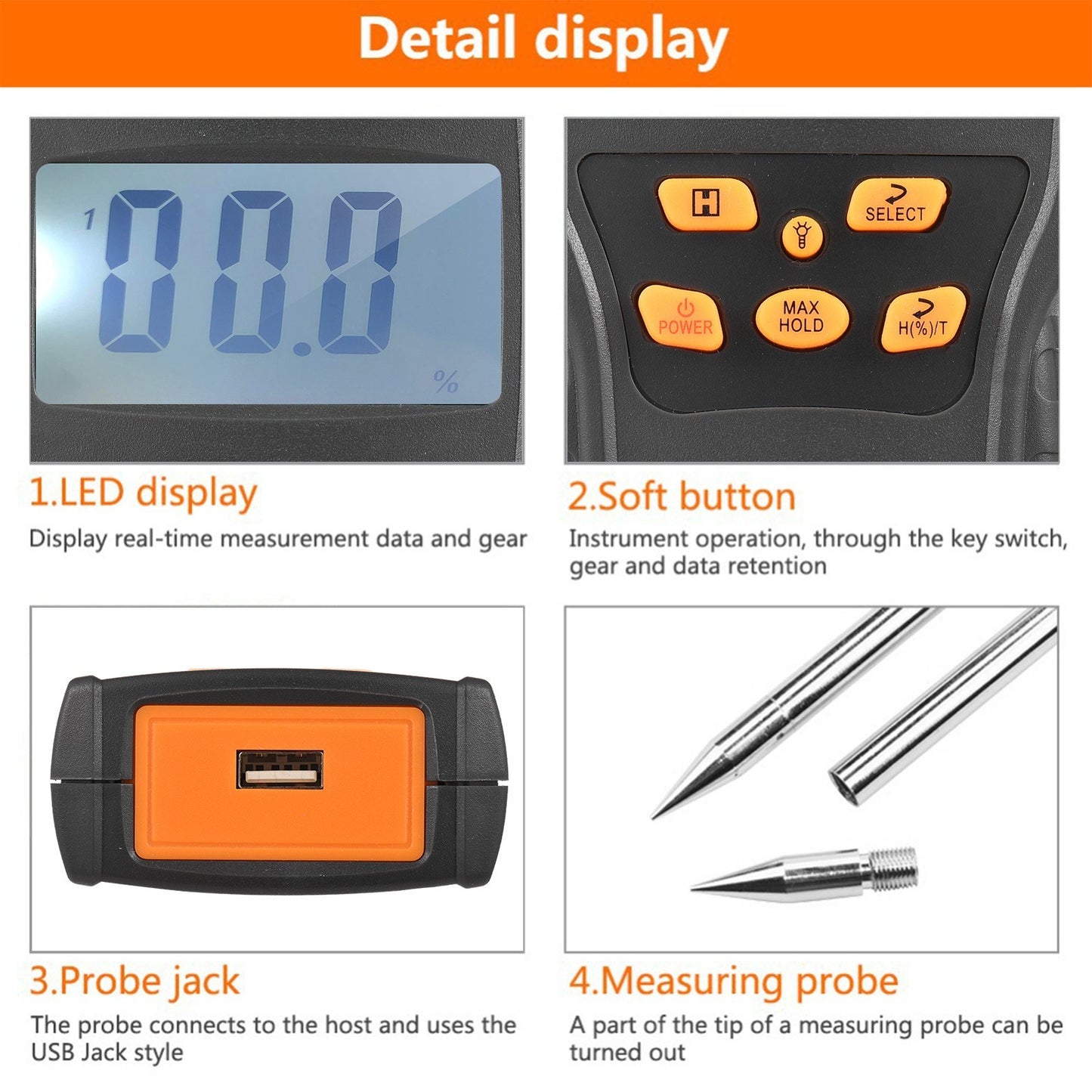 12-Inch Probe LCD Digital Grain Moisture Meter for Wheat, Paddy, Rice & Corn