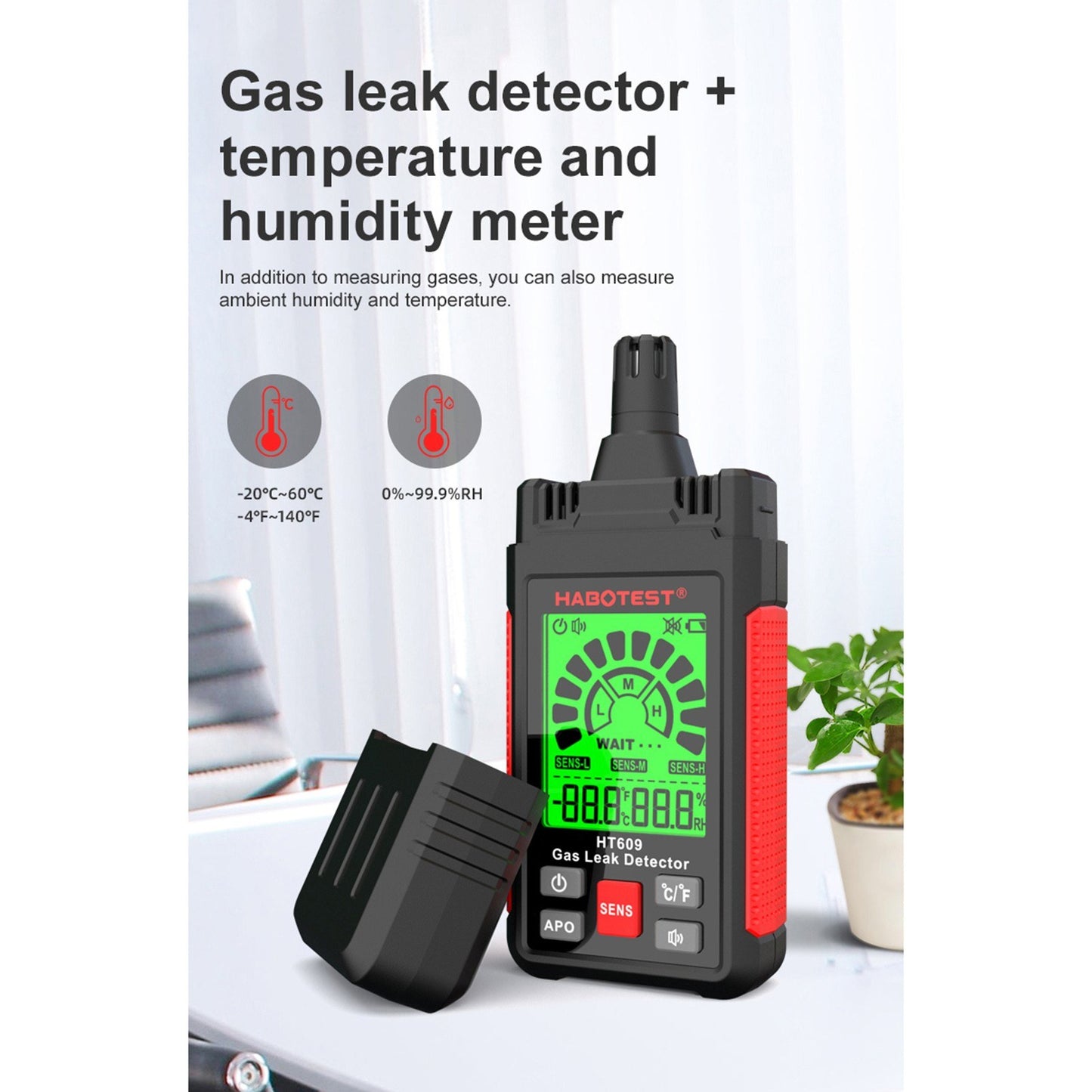HABOTEST HT609 Combustible Gas Leak Detector with LCD Display, Audible/Visual Alarm, Temperature & Humidity Sensor for Methane, Natural Gas, Hydrogen