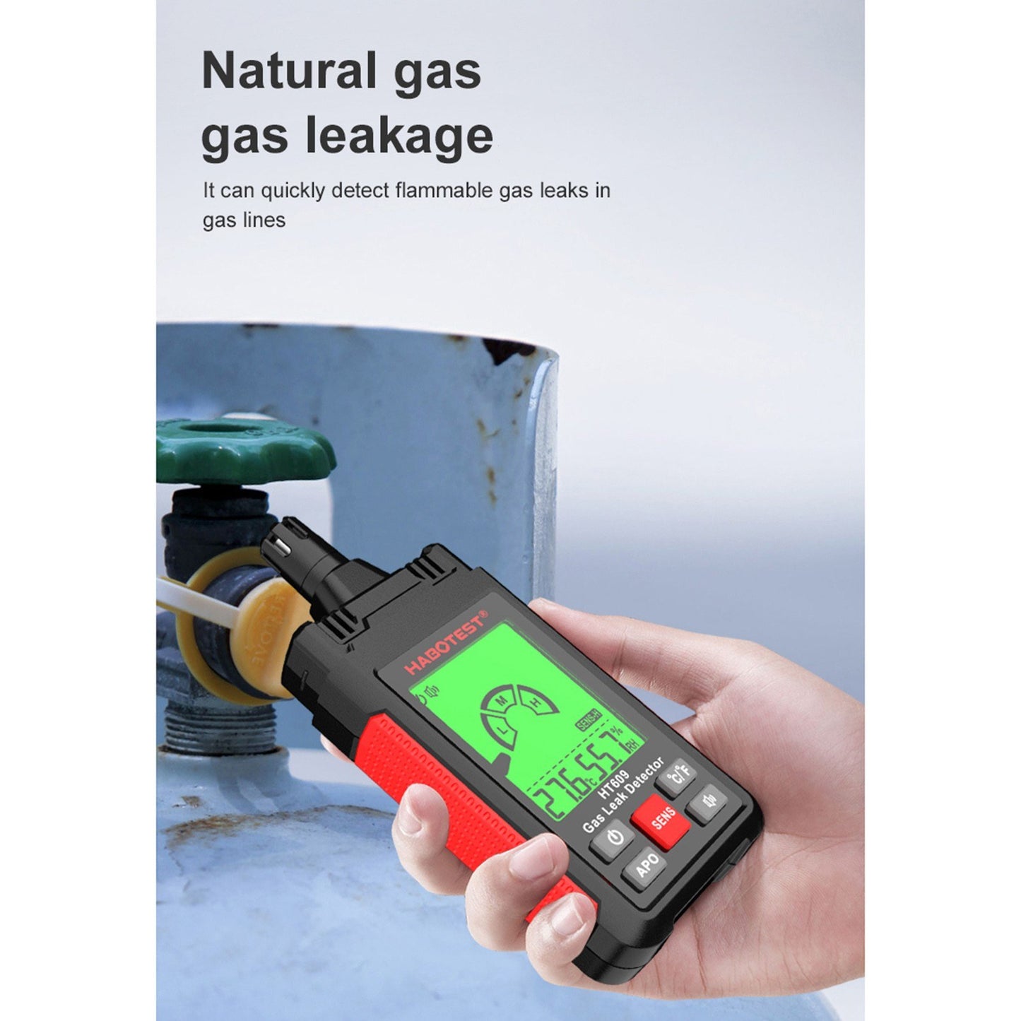 HABOTEST HT609 Combustible Gas Leak Detector with LCD Display, Audible/Visual Alarm, Temperature & Humidity Sensor for Methane, Natural Gas, Hydrogen