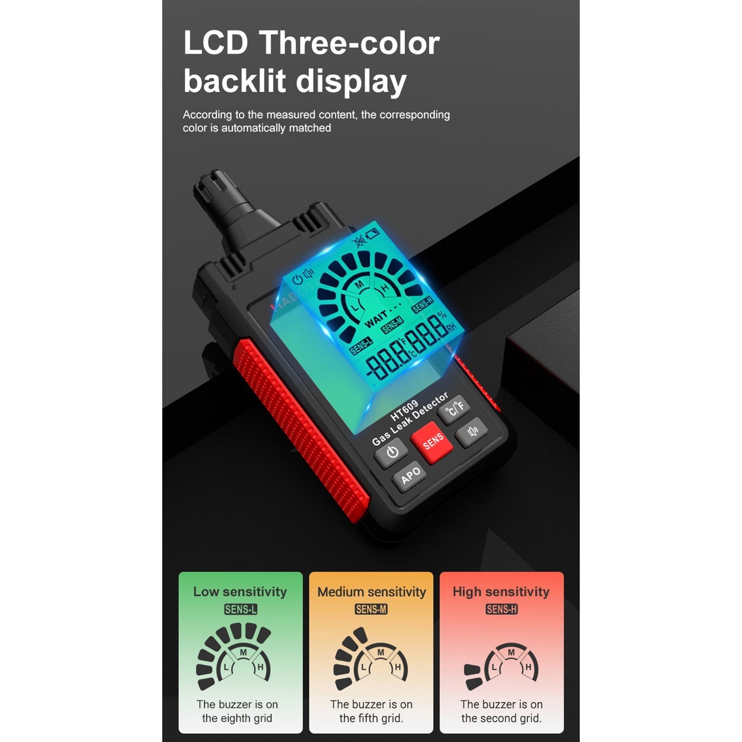HABOTEST HT609 Combustible Gas Leak Detector with LCD Display, Audible/Visual Alarm, Temperature & Humidity Sensor for Methane, Natural Gas, Hydrogen