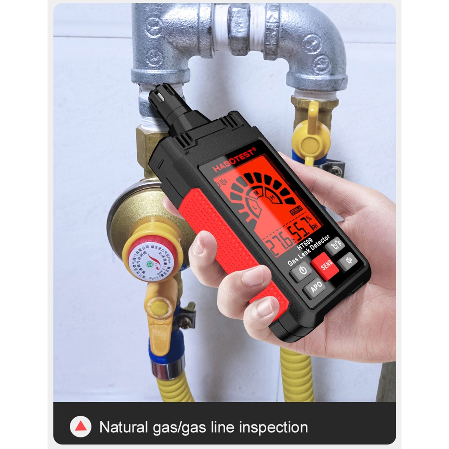 HABOTEST HT609 Combustible Gas Leak Detector with LCD Display, Audible/Visual Alarm, Temperature & Humidity Sensor for Methane, Natural Gas, Hydrogen