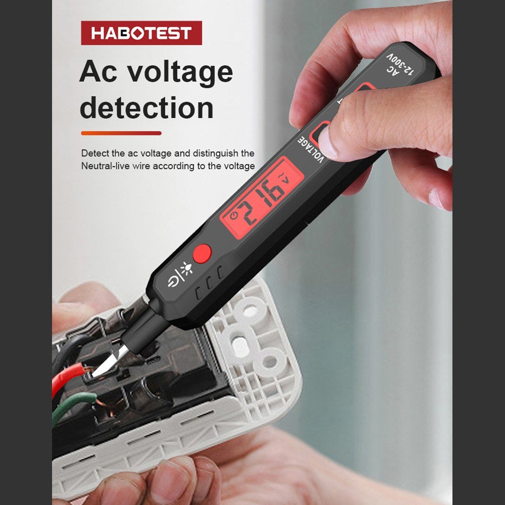 HT89 Voltage Tester AC 12-300V Contact Detector with Flashlight, LCD Display, and Alarm