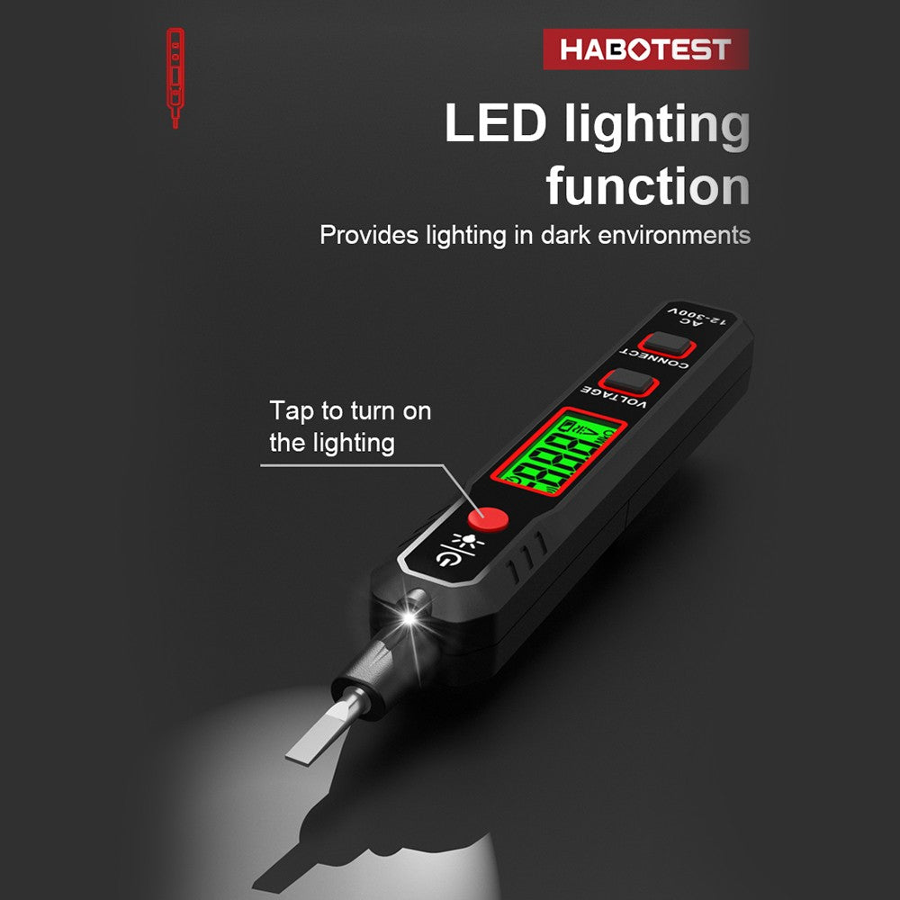 HT89 Voltage Tester AC 12-300V Contact Detector with Flashlight, LCD Display, and Alarm
