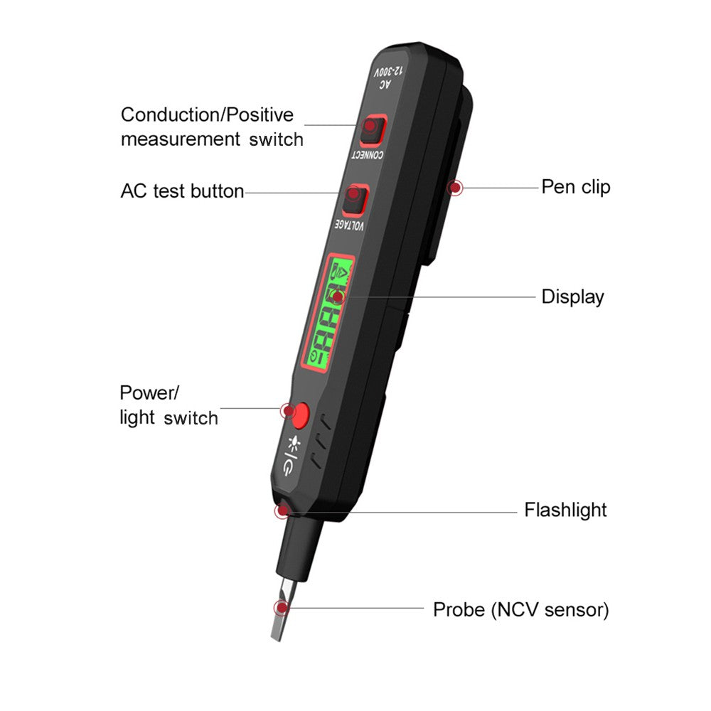 HT89 Voltage Tester AC 12-300V Contact Detector with Flashlight, LCD Display, and Alarm