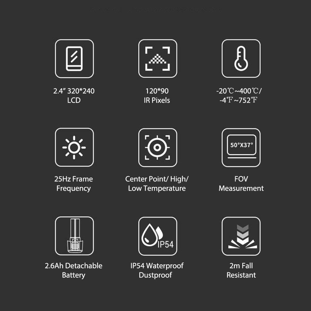 Rechargeable Handheld IR Thermal Camera 120x90, Free Focus 2.4-inch LCD, -4℉~752℉, Auto Tracking with 8GB Card & 8 Palettes, Temp Alarm