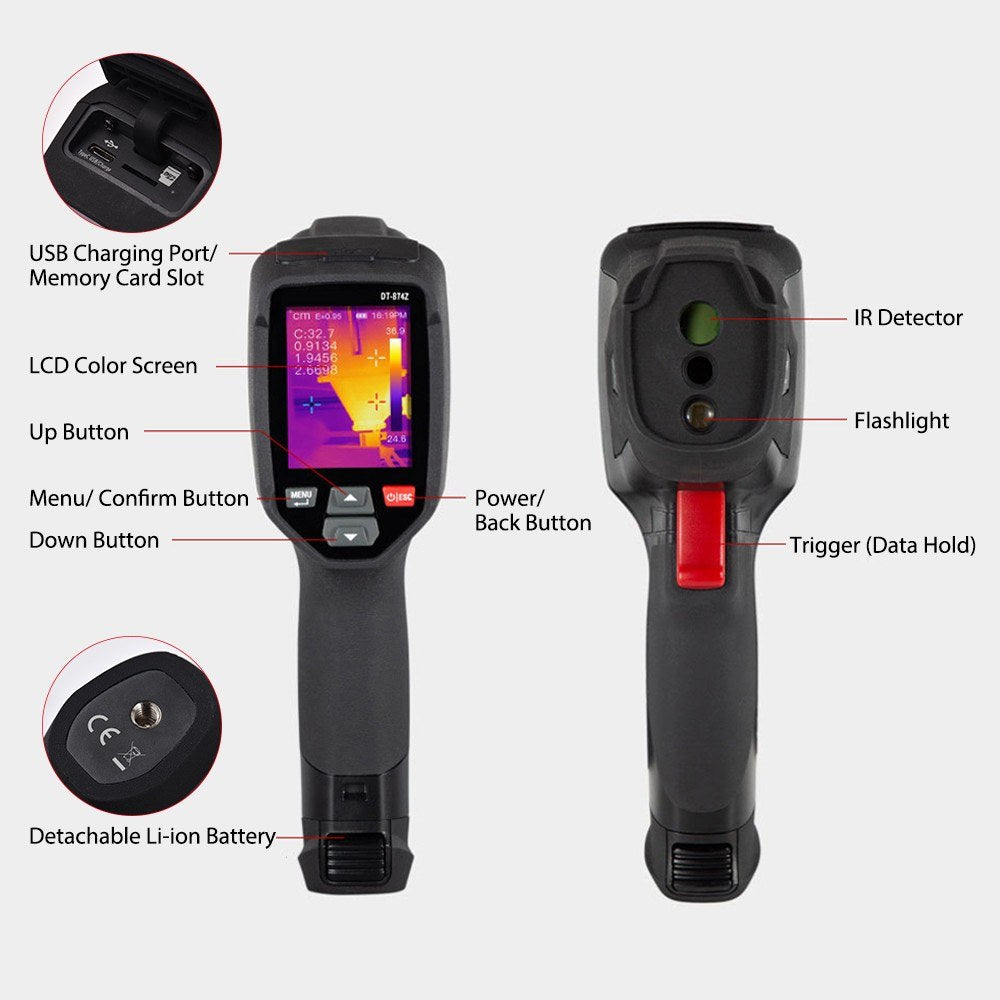 Rechargeable Handheld IR Thermal Camera 120x90, Free Focus 2.4-inch LCD, -4℉~752℉, Auto Tracking with 8GB Card & 8 Palettes, Temp Alarm