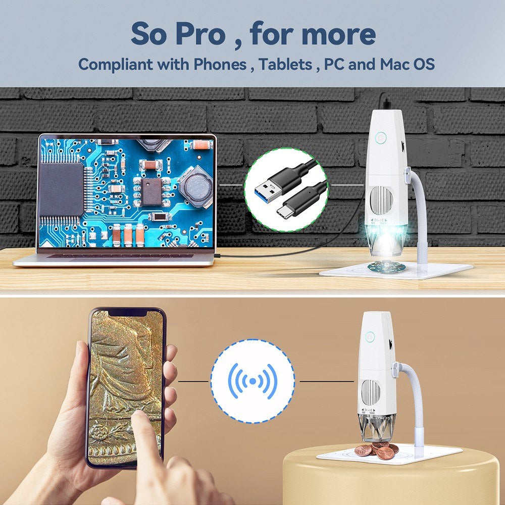 Portable 1080P WiFi USB Electron Microscope with 8 LED Lights & Bendable Stand for Smartphones & Computers