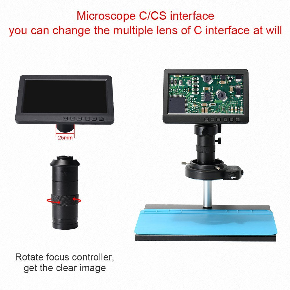 26MP 1080P 7 LCD Video Microscope with 150X C-Mount Lens, Metal Stand, Adjustable LED Ring Light for Professional Repairs