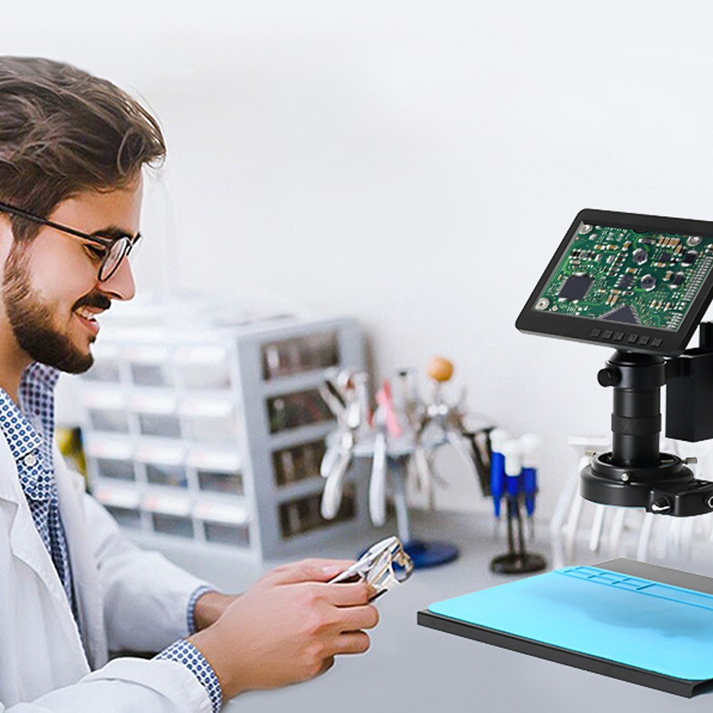 26MP 1080P 7 LCD Video Microscope with 150X C-Mount Lens, Metal Stand, Adjustable LED Ring Light for Professional Repairs