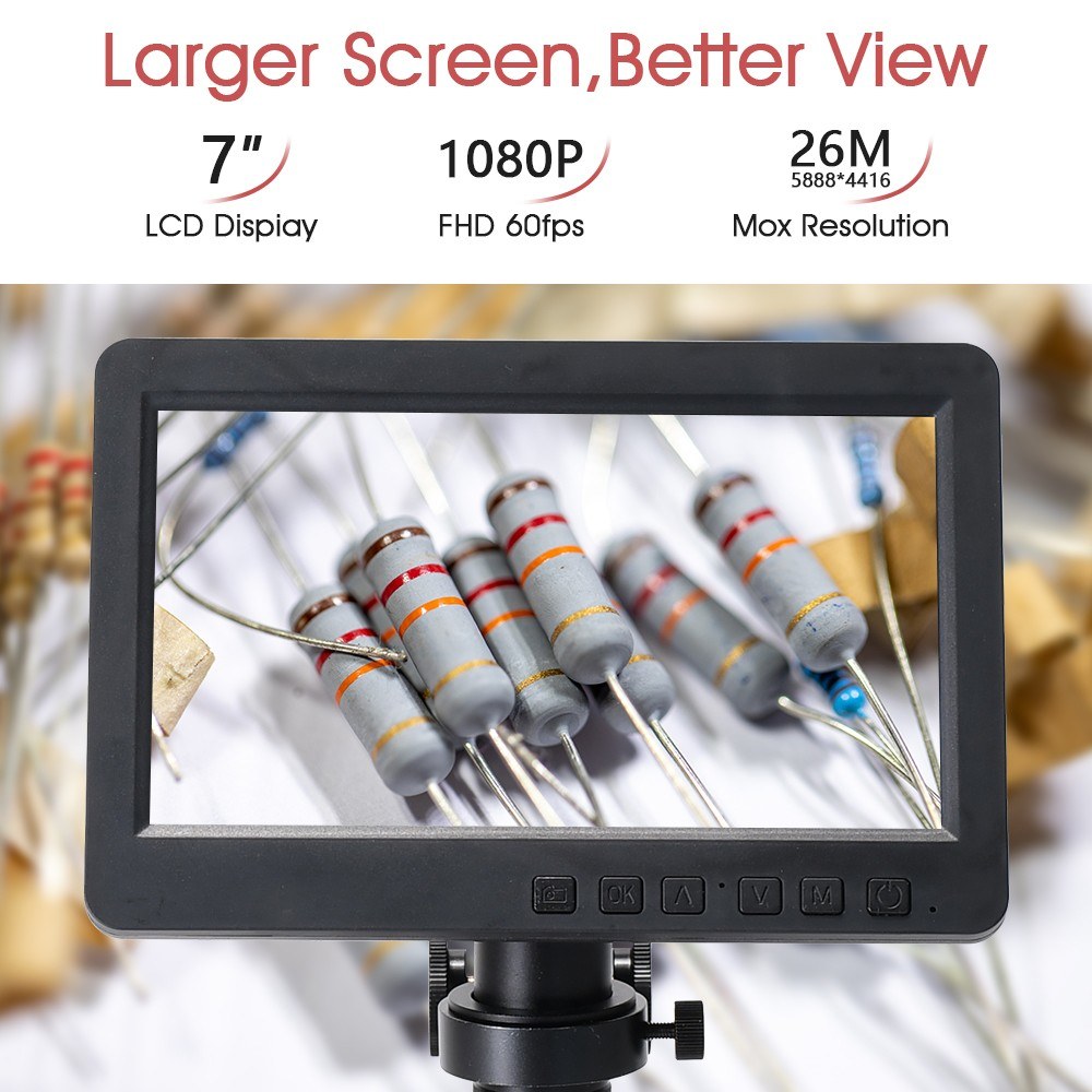 26MP 1080P 7 LCD Video Microscope with 150X C-Mount Lens, Metal Stand, Adjustable LED Ring Light for Professional Repairs
