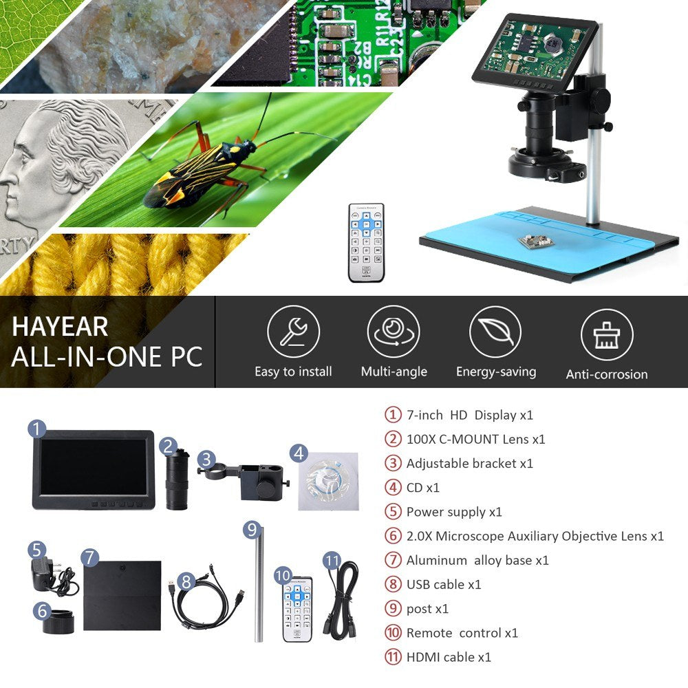 26MP 1080P 7 LCD Video Microscope with 150X C-Mount Lens, Metal Stand, Adjustable LED Ring Light for Professional Repairs