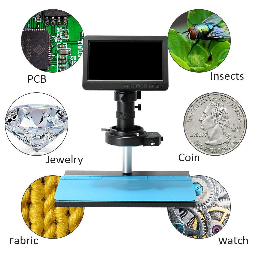26MP 1080P 7 LCD Video Microscope with 150X C-Mount Lens, Metal Stand, Adjustable LED Ring Light for Professional Repairs