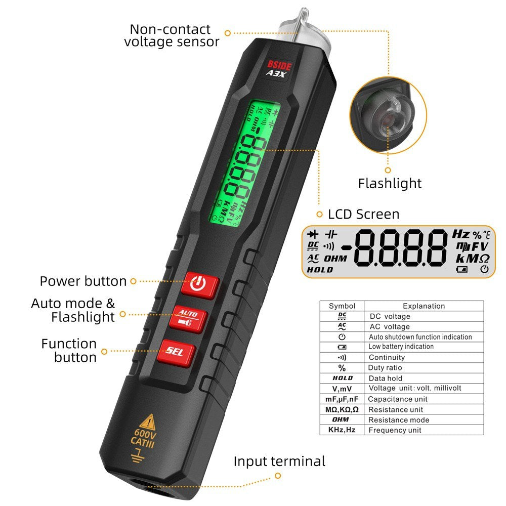 Portable Pen-Type Digital Multimeter with 1.9-Inch Bicolor Screen - TRMS Voltage, Capacitance, Resistance, Frequency, Diode, Continuity, Temperature, NCV Measurement