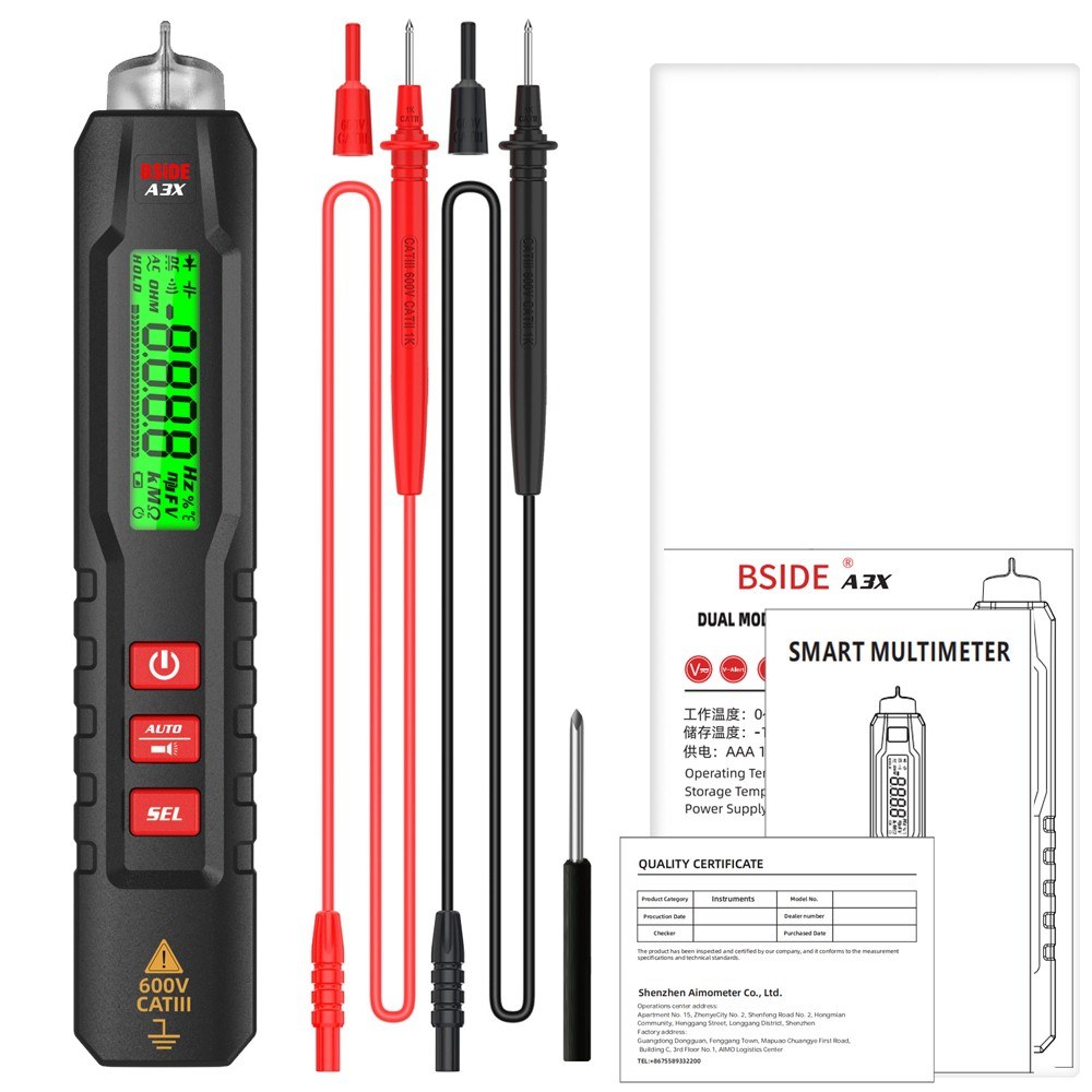 Portable Pen-Type Digital Multimeter with 1.9-Inch Bicolor Screen - TRMS Voltage, Capacitance, Resistance, Frequency, Diode, Continuity, Temperature, NCV Measurement