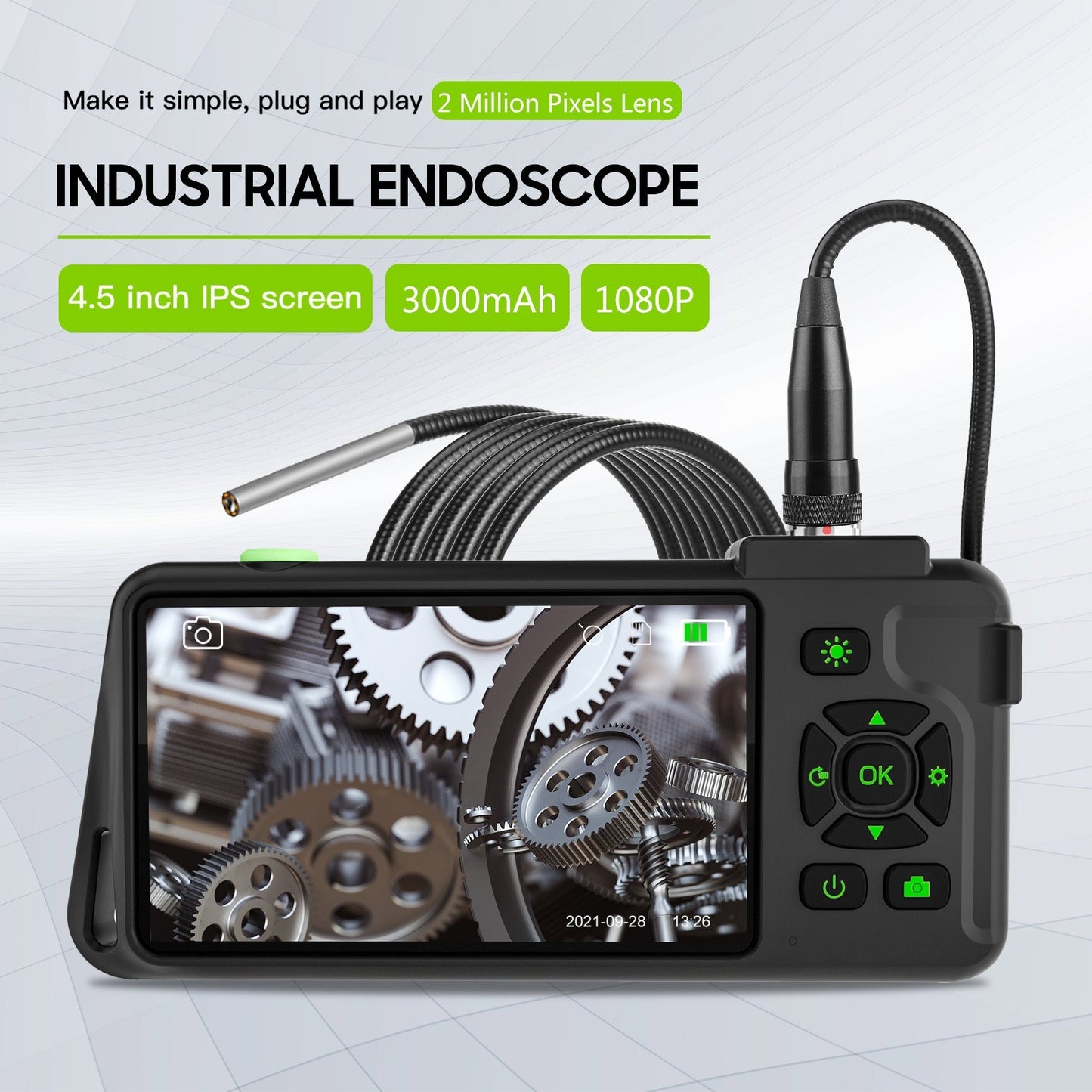 4.5-inch IPS Industrial Endoscope, 1080P HD Borescope Camera with 6 LEDs, IP67 Waterproof, TF Card Slot