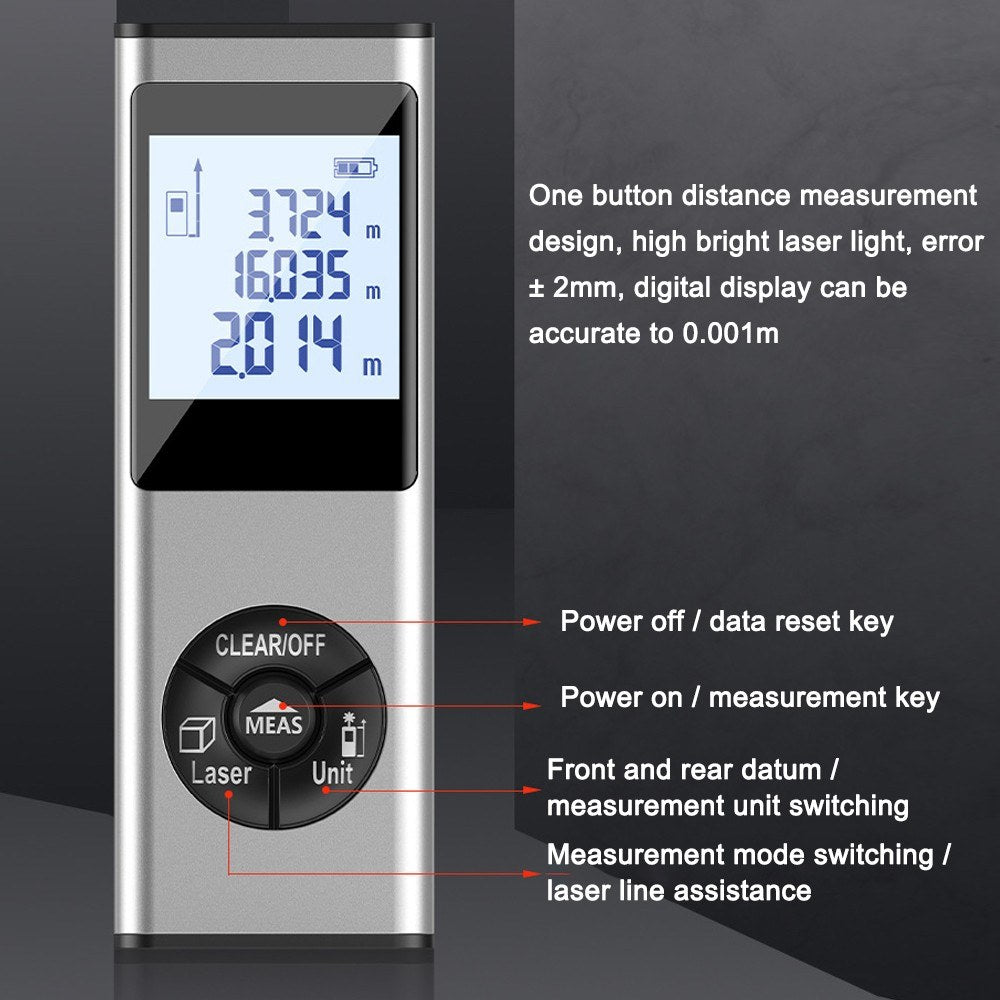 Laser Rangefinder Distance Meter with LCD Backlight - Handheld Measurement Tool for Area & Volume Surveying