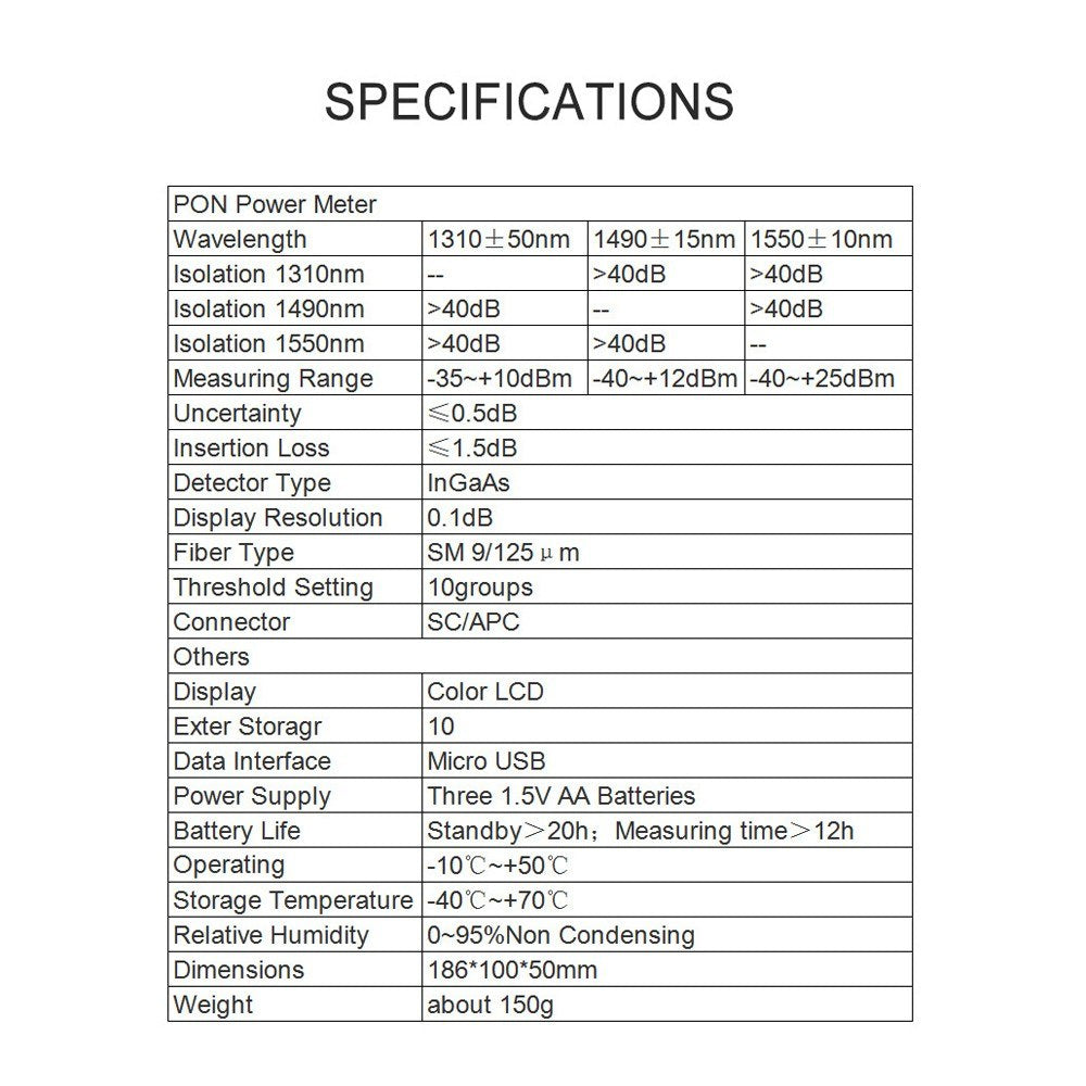 PON Power Meter Optical Fiber Tester with 10 Data Storage for 1310/1490/1550nm Video FTTX ONT OLT Signal Measurement