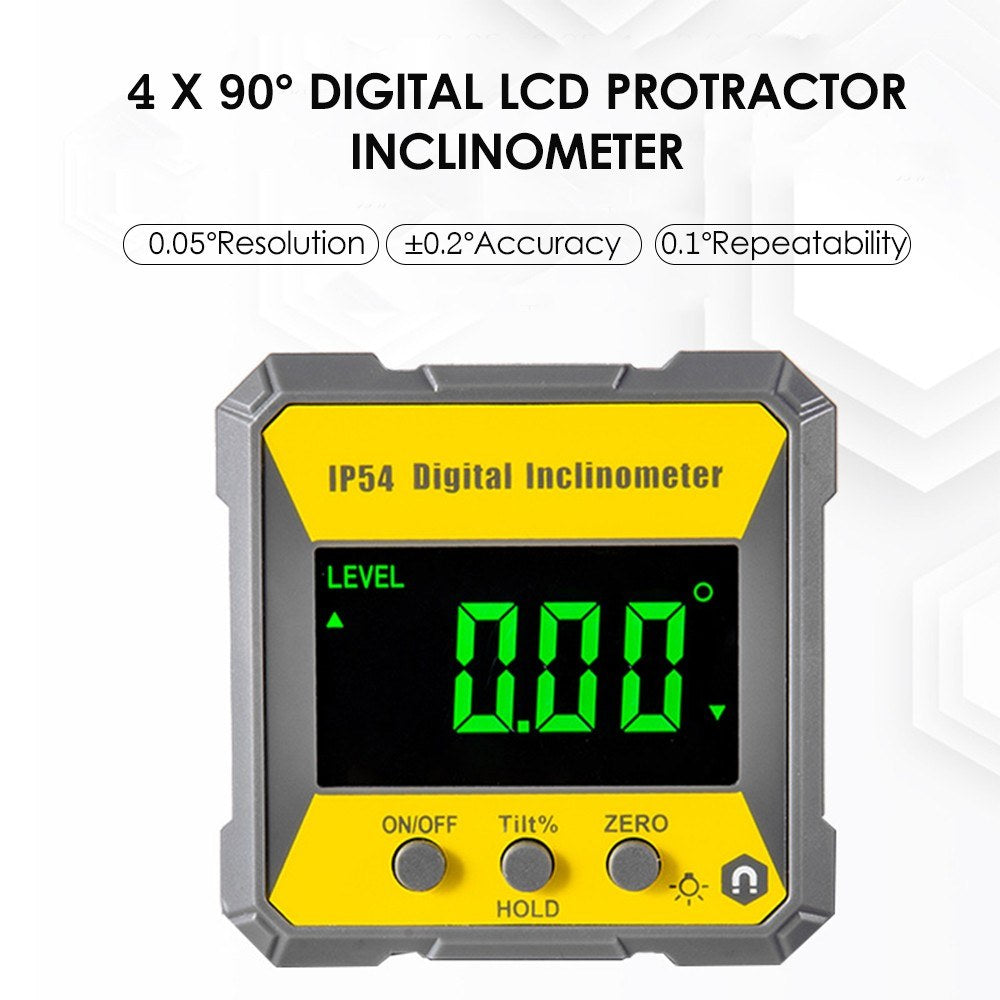 Digital LCD Inclinometer Protractor - 4x90° Magnetic Angle Finder, 0.2° Accuracy, IP54 Level Box for Woodworking & Auto Repair