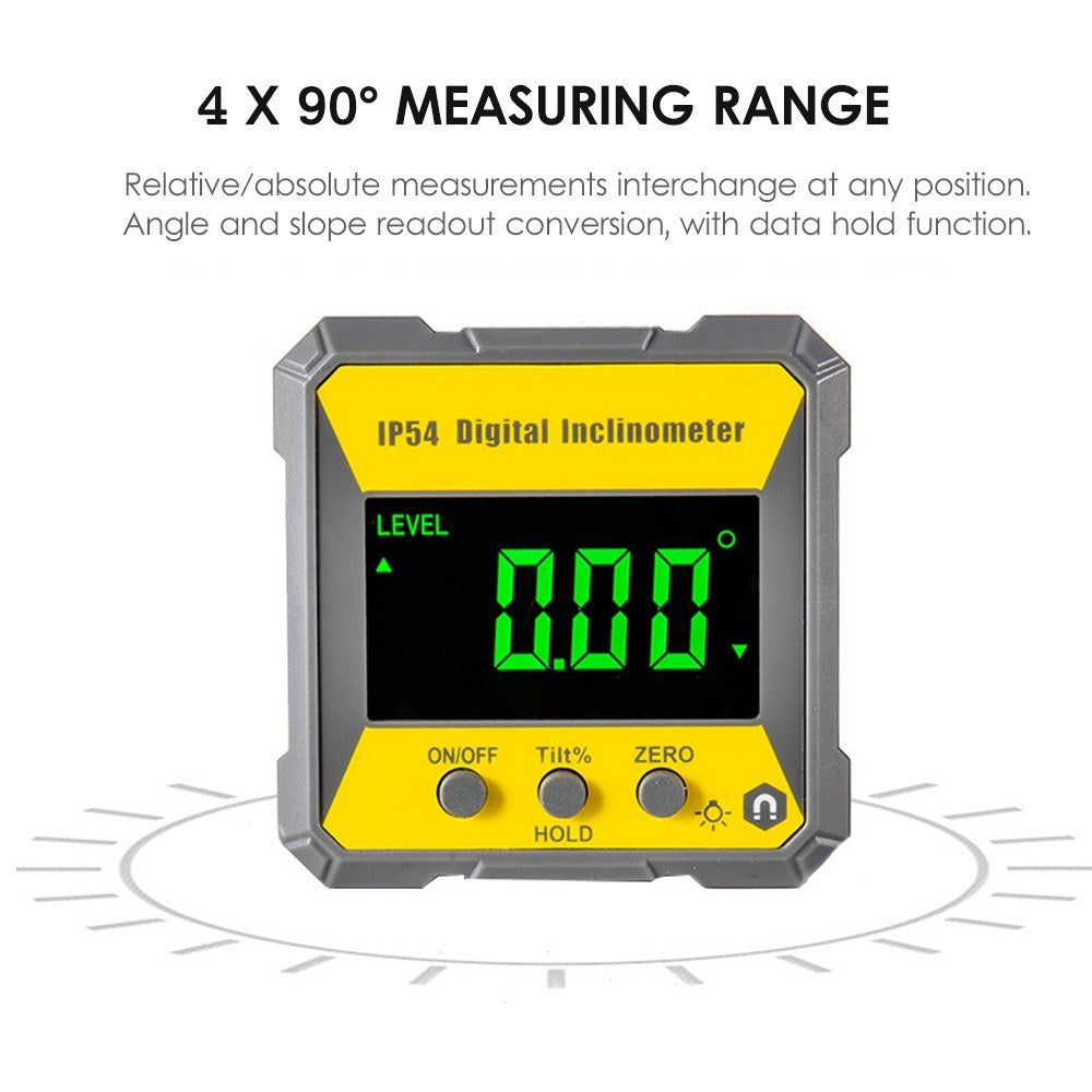 Digital LCD Inclinometer Protractor - 4x90° Magnetic Angle Finder, 0.2° Accuracy, IP54 Level Box for Woodworking & Auto Repair