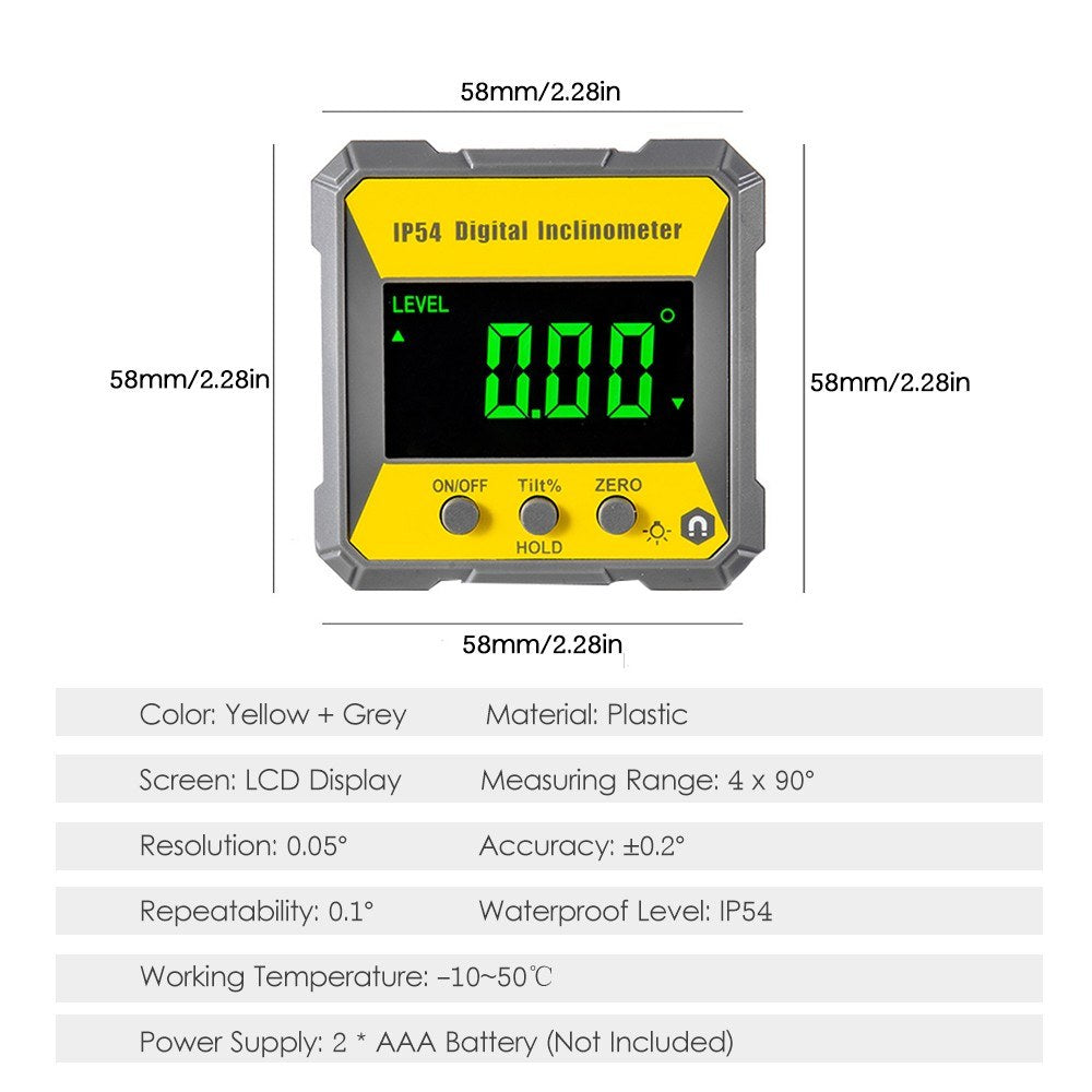 Digital LCD Inclinometer Protractor - 4x90° Magnetic Angle Finder, 0.2° Accuracy, IP54 Level Box for Woodworking & Auto Repair