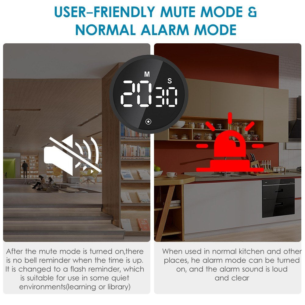 Digital Countdown Timer with Magnetic Back, Adjustable LED Display, Stopwatch Function, and Mute Mode for Kitchen and Learning