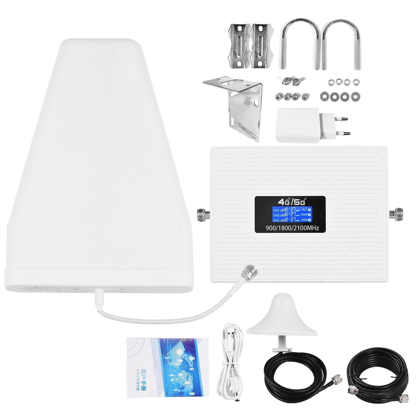 Tri-Band Signal Amplifier TXC19SL-GDW: 900/1800/2100 MHz 2G/3G/4G LTE GSM DCS WCDMA Universal Booster for Home/Office