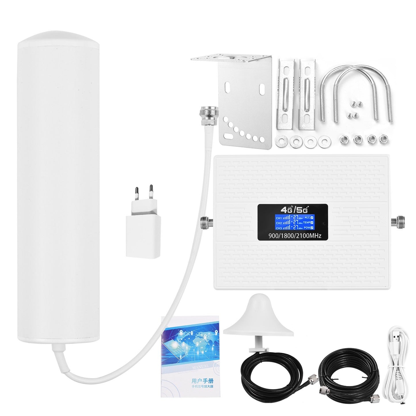 Tri-Band Cell Phone Signal Booster Kit with Omni-Directional Ceiling Antenna for 2G 3G 4G - Ideal for Home/Office