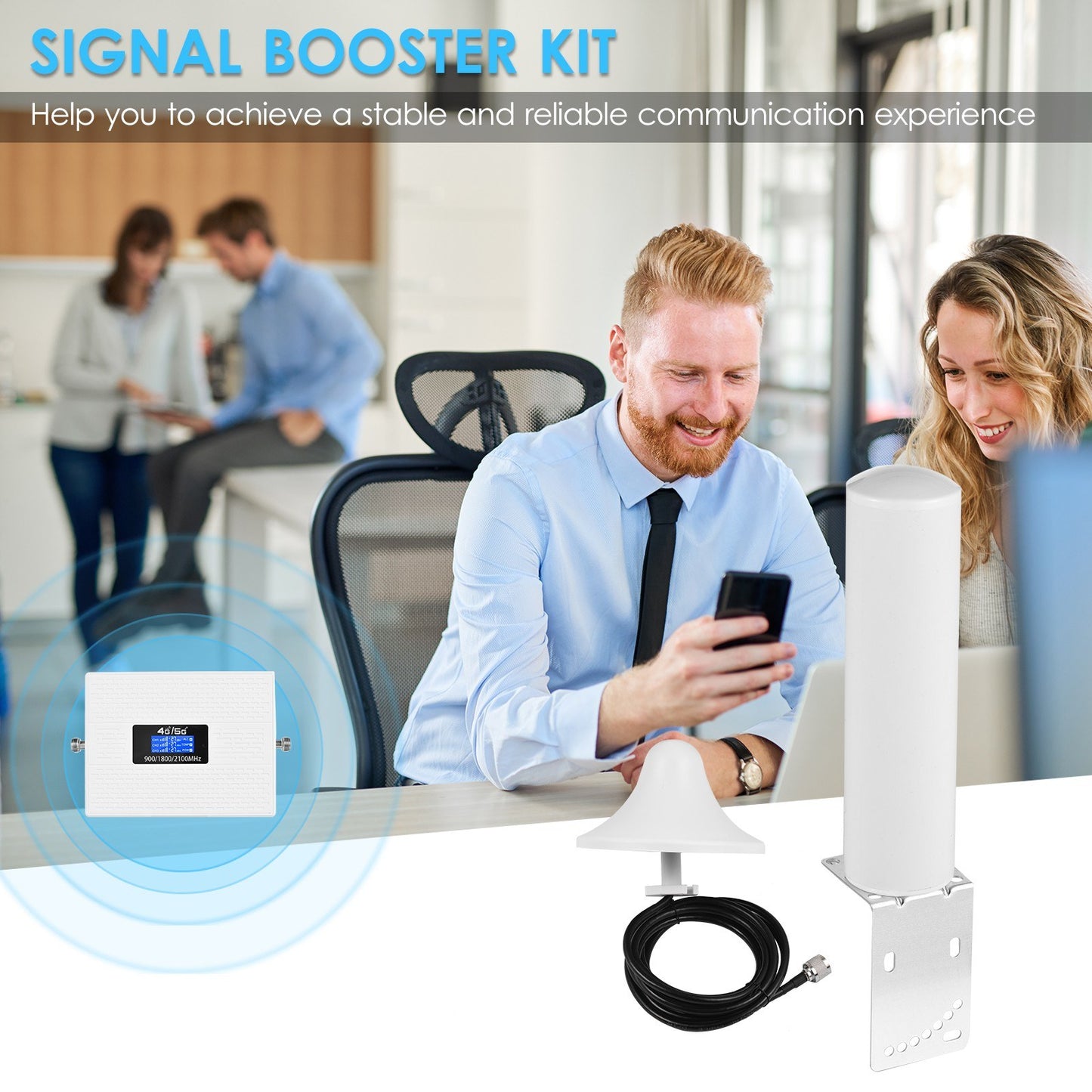 Tri-Band Cell Phone Signal Booster Kit with Omni-Directional Ceiling Antenna for 2G 3G 4G - Ideal for Home/Office