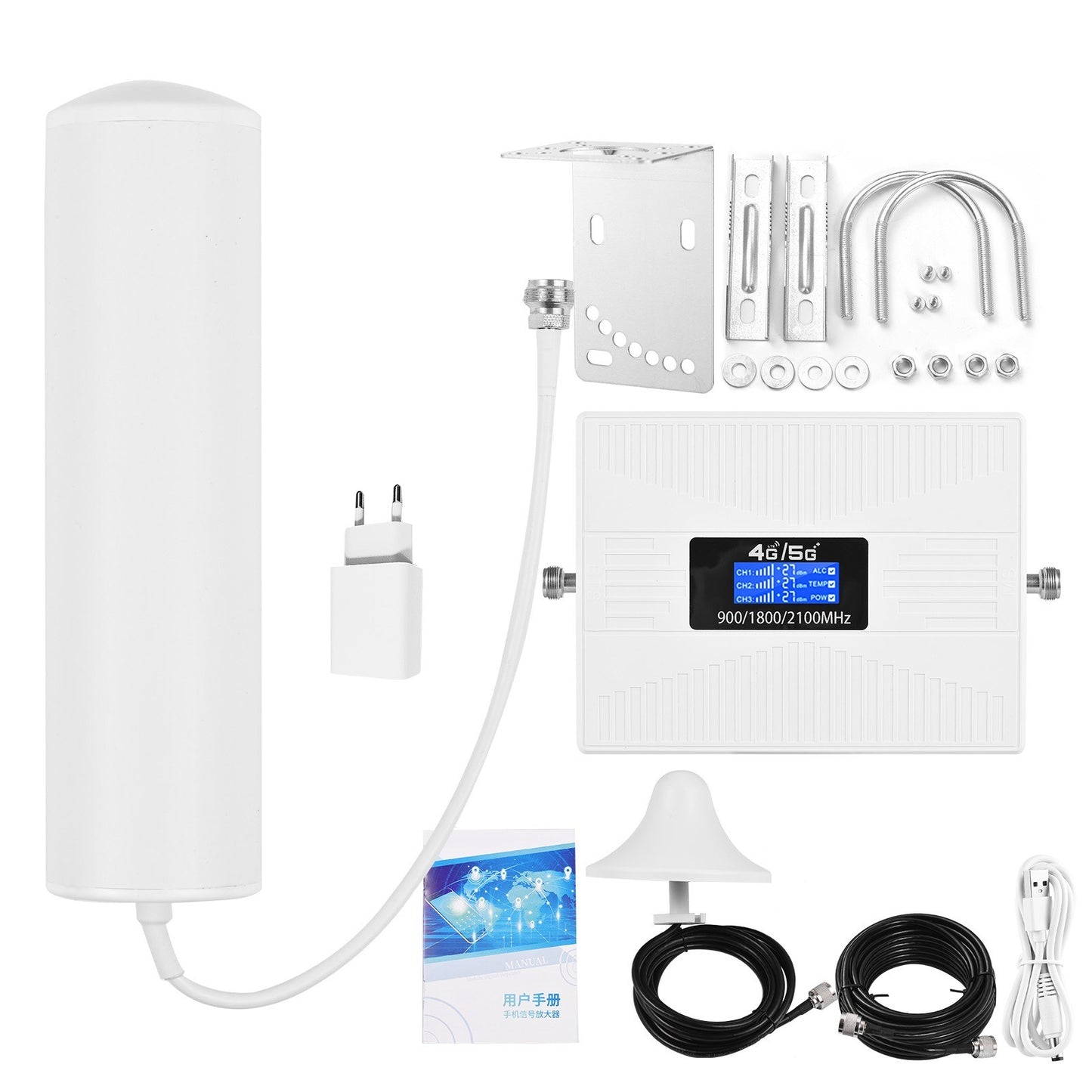 Tri-Band Cell Phone Signal Booster Kit with Omni-Directional Ceiling Antenna for 2G 3G 4G - Ideal for Home/Office