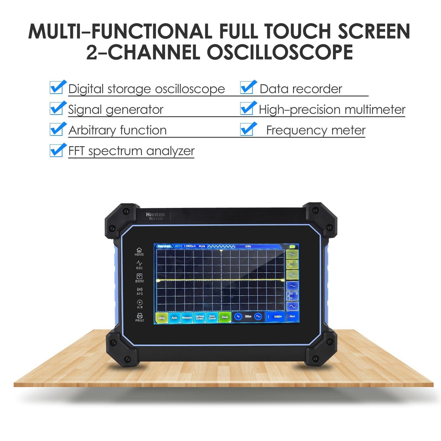 Rechargeable Hantek TO1112C 2-Channel Oscilloscope Multimeter, 110MHz Bandwidth, 250MSa/S Sampling, 8M Depth, 7-inch LCD, Waveform Generator with Tool Bag