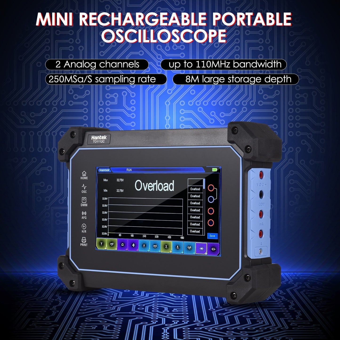 Rechargeable Hantek TO1112C 2-Channel Oscilloscope Multimeter, 110MHz Bandwidth, 250MSa/S Sampling, 8M Depth, 7-inch LCD, Waveform Generator with Tool Bag