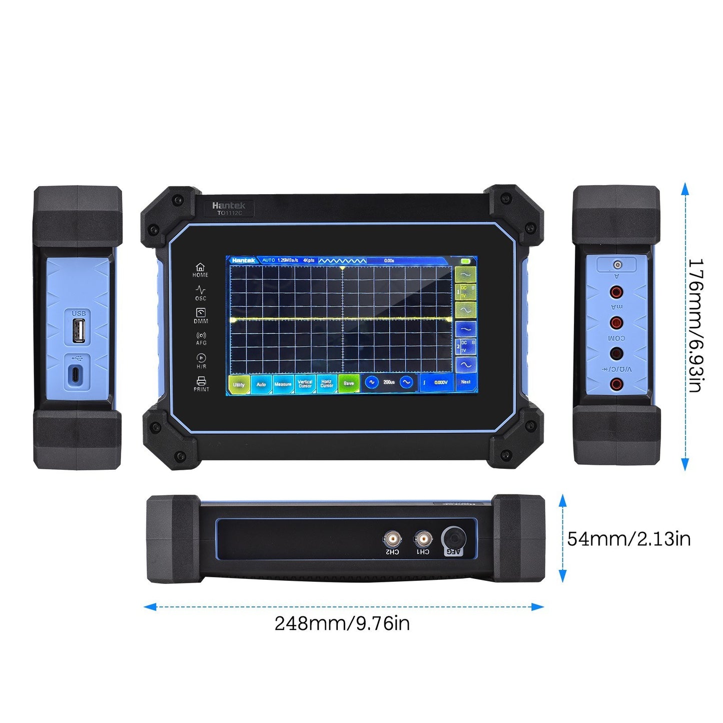 Rechargeable Hantek TO1112C 2-Channel Oscilloscope Multimeter, 110MHz Bandwidth, 250MSa/S Sampling, 8M Depth, 7-inch LCD, Waveform Generator with Tool Bag